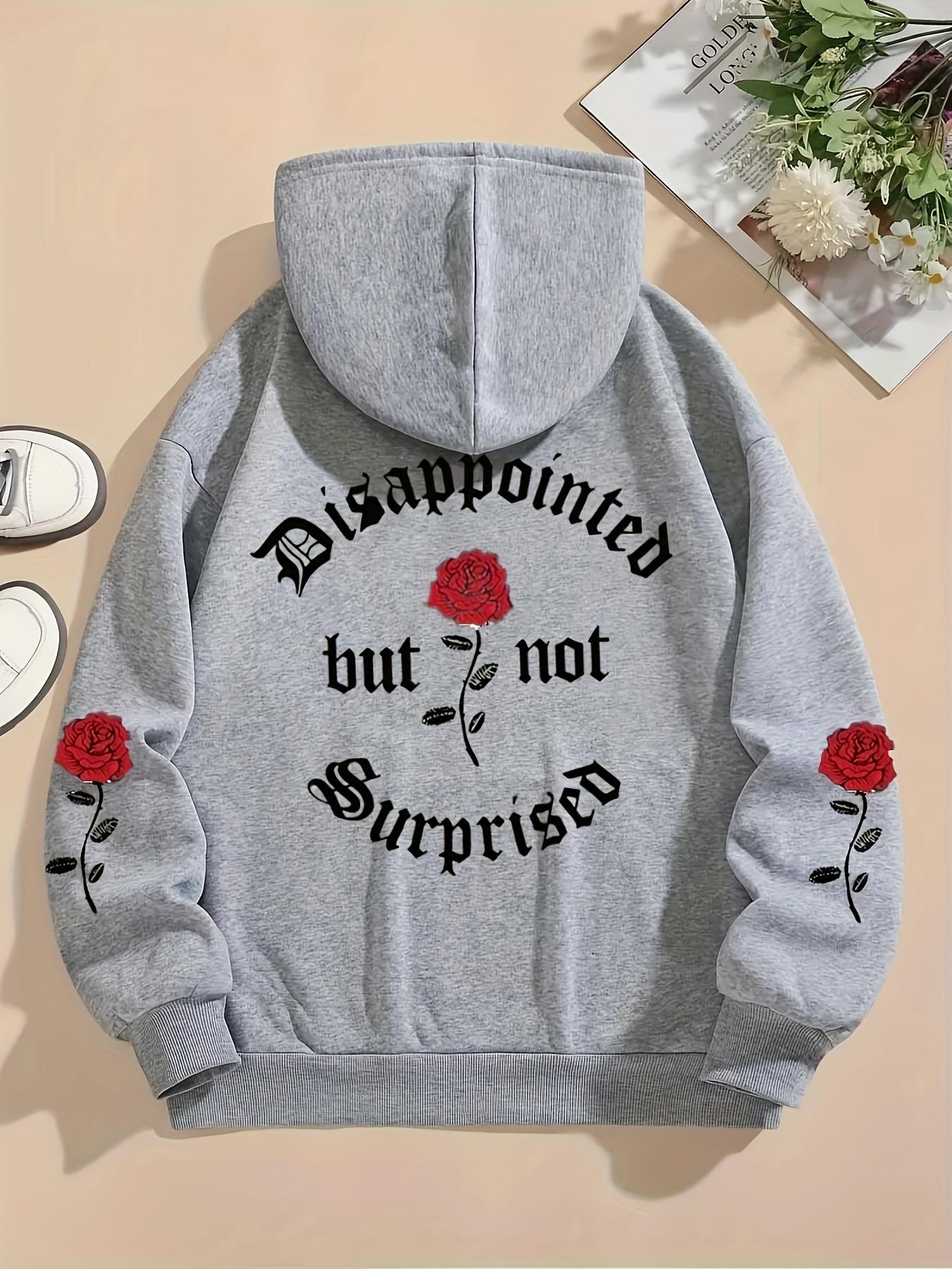 Women's Rose & Letter Print Hoodie, Fashion Casual Long Sleeve Hooded Sweatshirt for Daily Holiday Outdoor Wear, Women Clothing for Fall & Winter