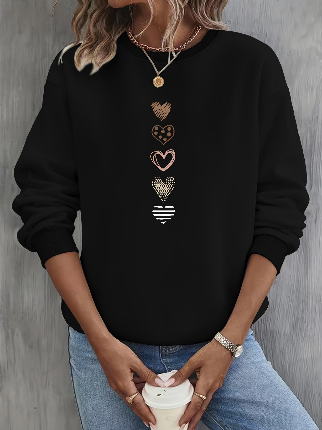 Women's Heart Print Round Neck Sweatshirt, Fashion Casual Crew Neck Sweatshirt for Daily Holiday Outdoor Wear, Women Clothing for Spring & Fall