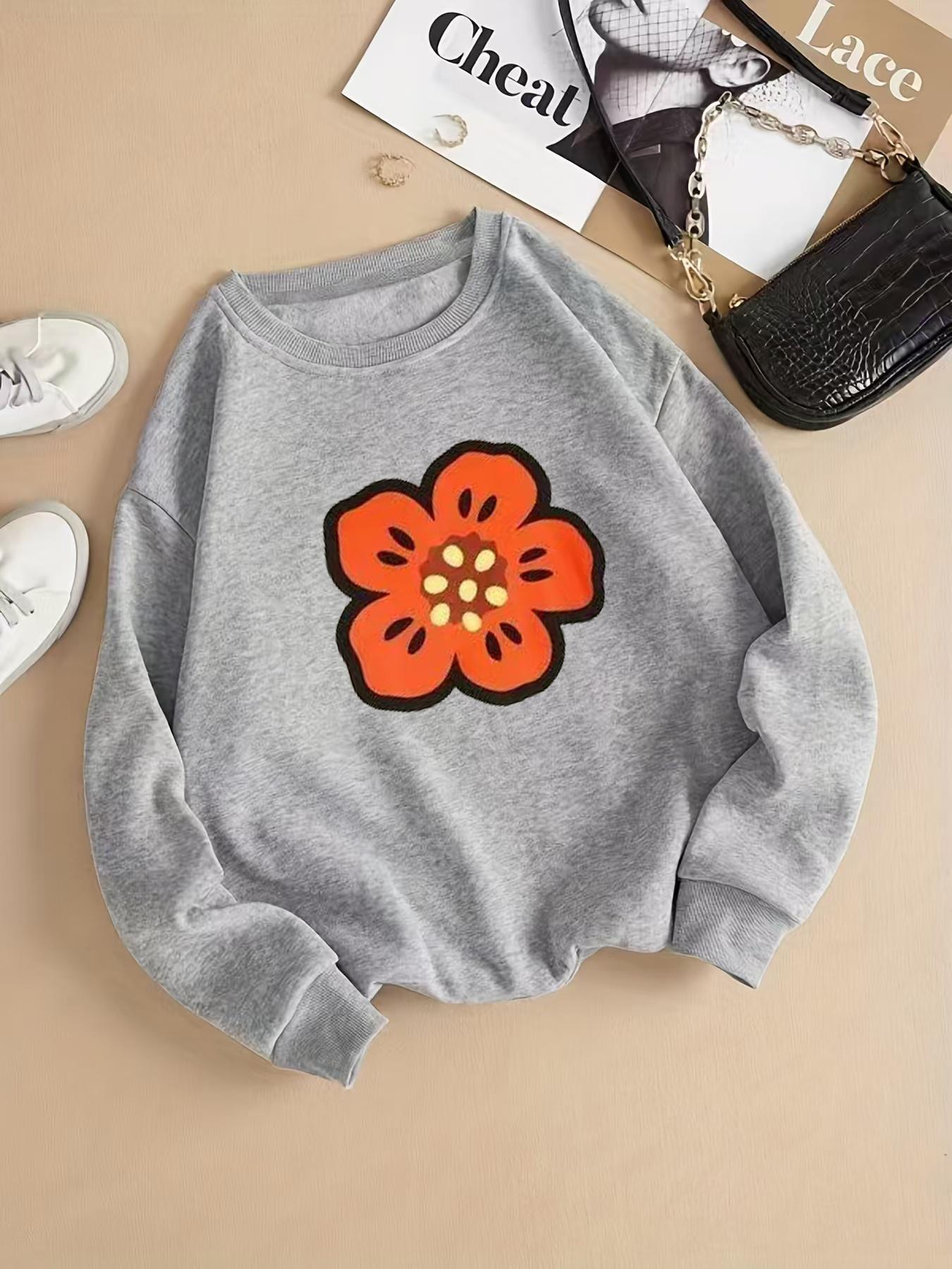 Women's Flower Print Crew Neck Pullover, Fashion Casual Long Sleeve Sweatshirt for Daily Wear, Ladies Fall & Winter Clothes