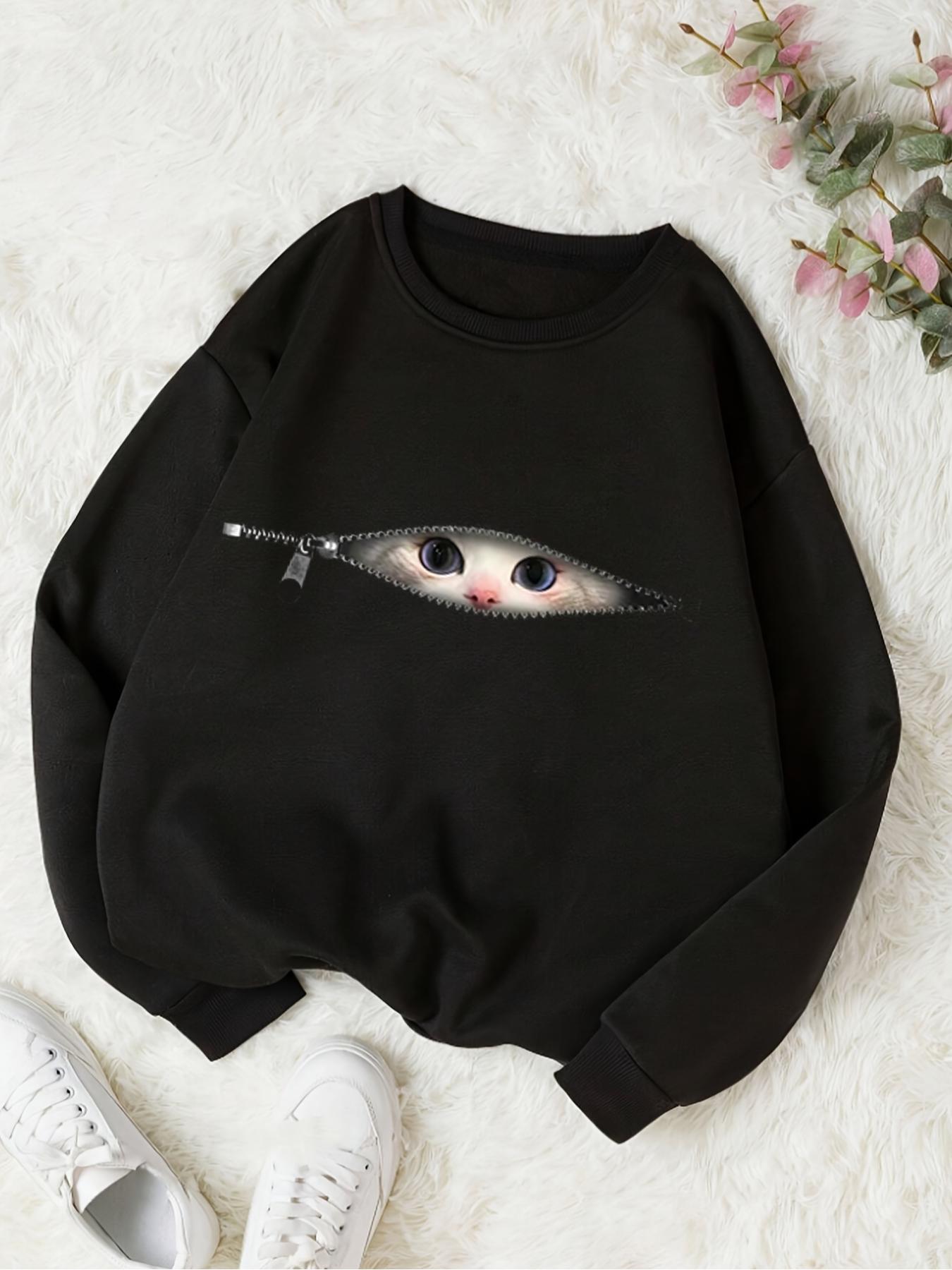 Women's Cat Print Sweatshirt, Fashion Casual Long Sleeve Sweatshirt for Daily Holiday Outdoor Wear, Women Clothing for Fall & Winter