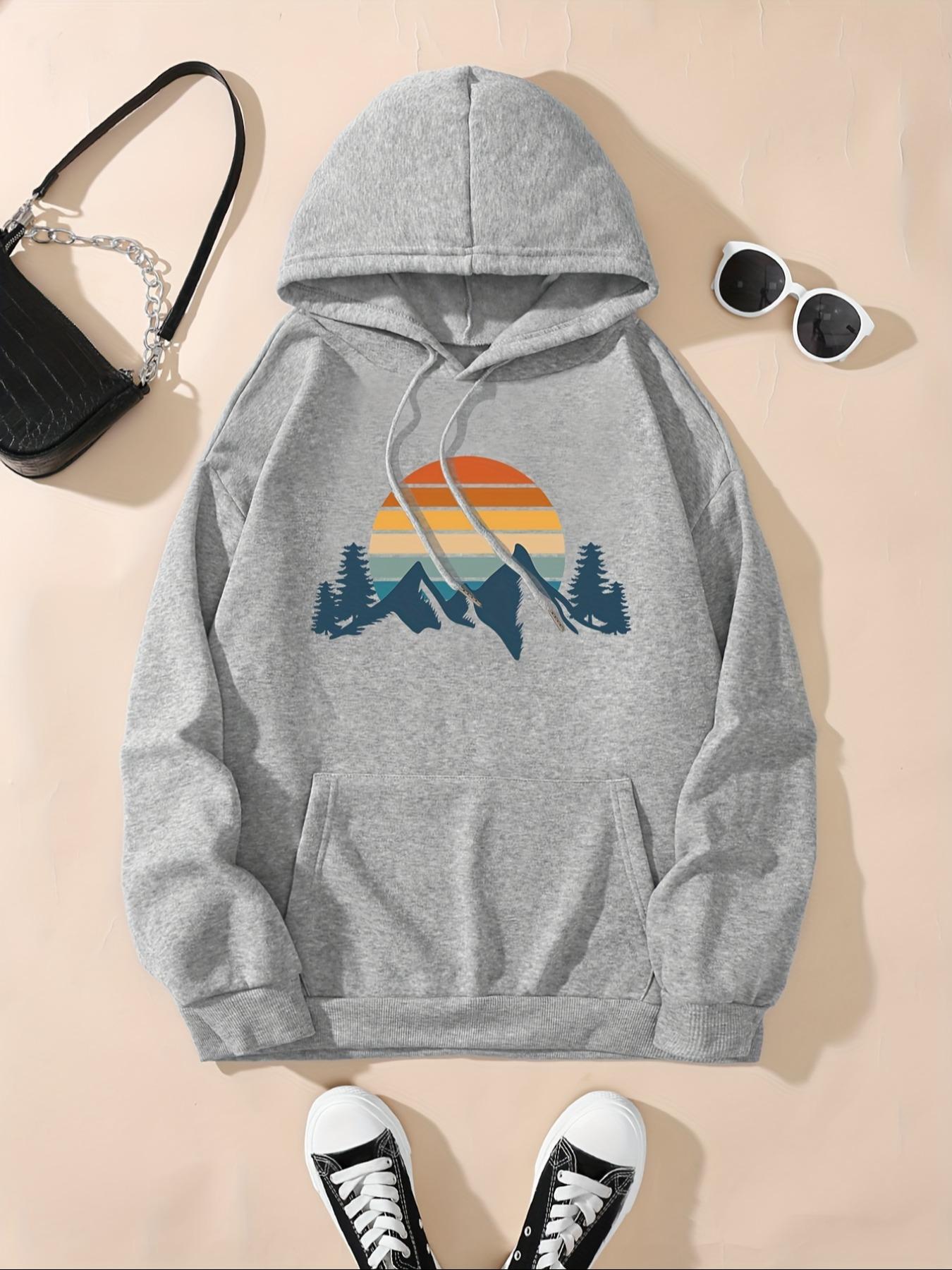 Women's Mountain & Sun Print Hoodie, Casual Long Sleeve Hooded Pullover for Fall & Winter, Women's Clothes for Daily Wear