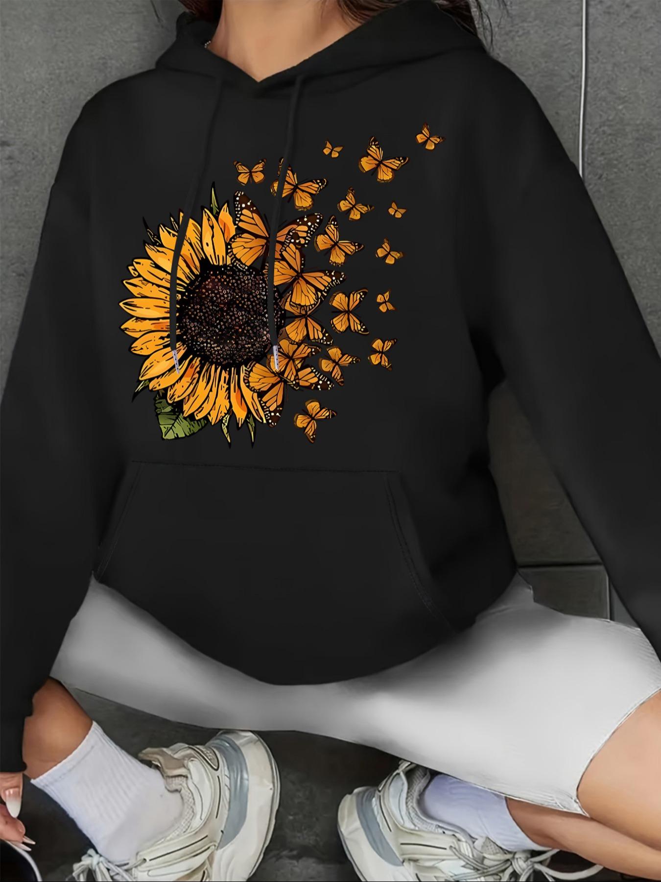 Women's Butterfly & Sunflower Print Hoodie, Casual Long Sleeve Hooded Sweatshirt for Fall & Winter, Women's Clothes for Daily Wear
