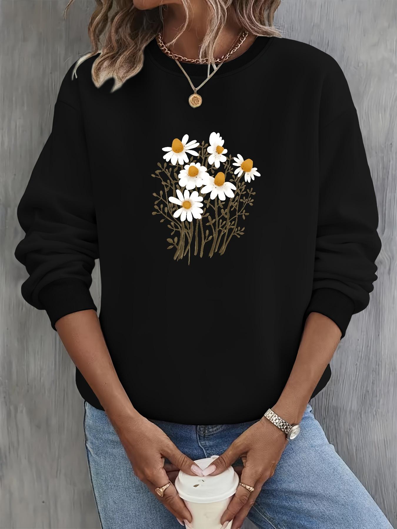 Women's Daisy Print Crew Neck Sweatshirt, Casual Long Sleeve Sweatshirt for Spring & Fall, Women's Clothes for Daily Wear