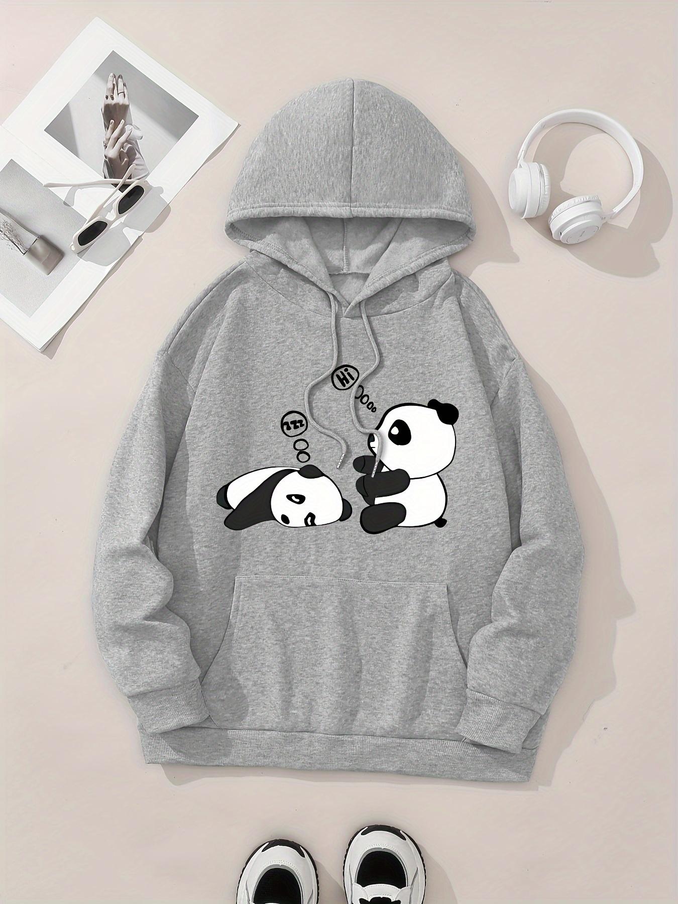 Women's Panda Print Drawstring Hoodie, Fashion Casual Long Sleeve Pocket Hooded Sweatshirt for Daily Holiday Outdoor Wear, Women Clothing for Fall & Winter