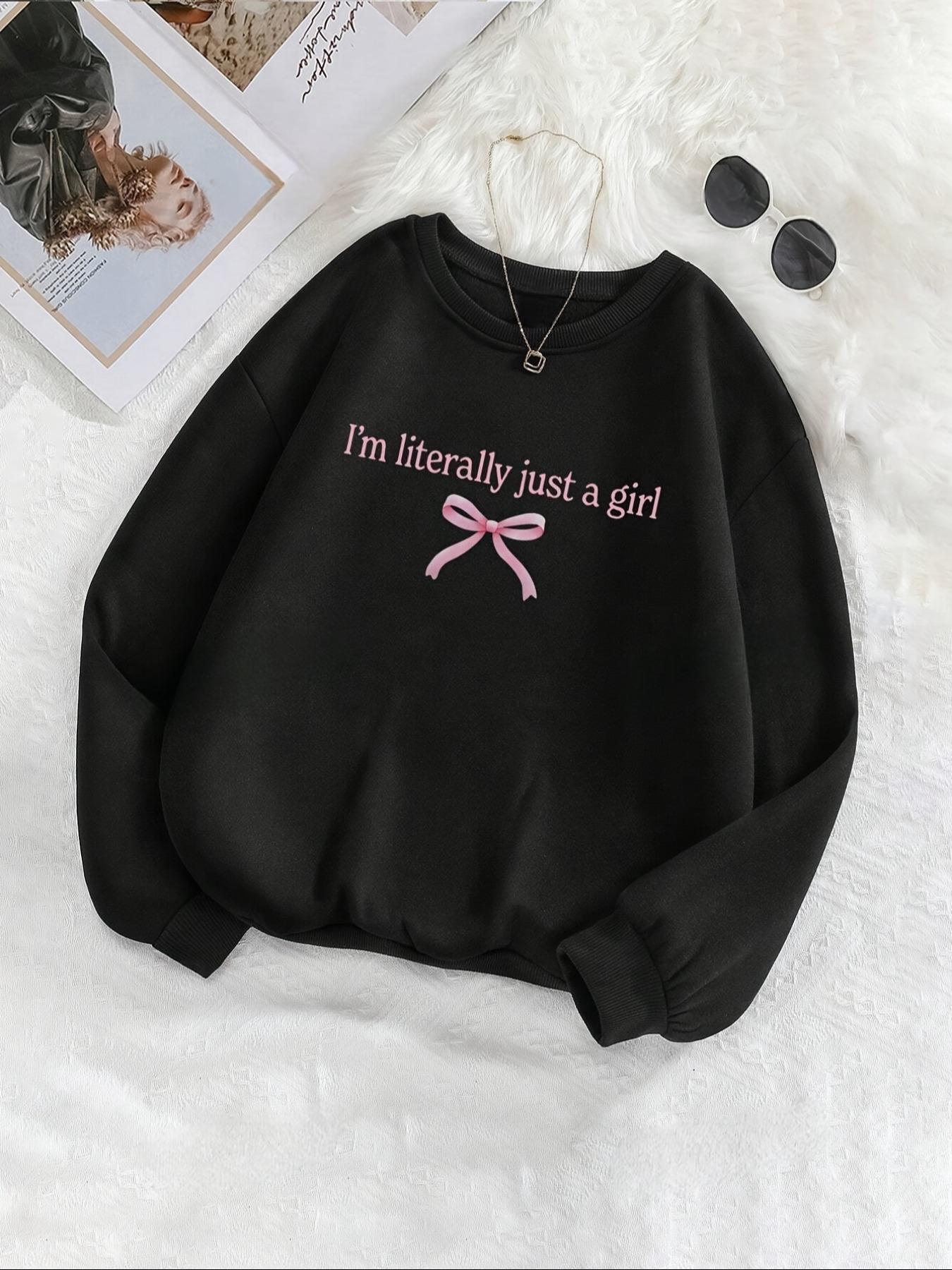 Women's Bow & Letter Print Crew Neck Sweatshirt, Casual Long Sleeve Pullover for Daily Wear, Ladies Fall & Winter Clothes