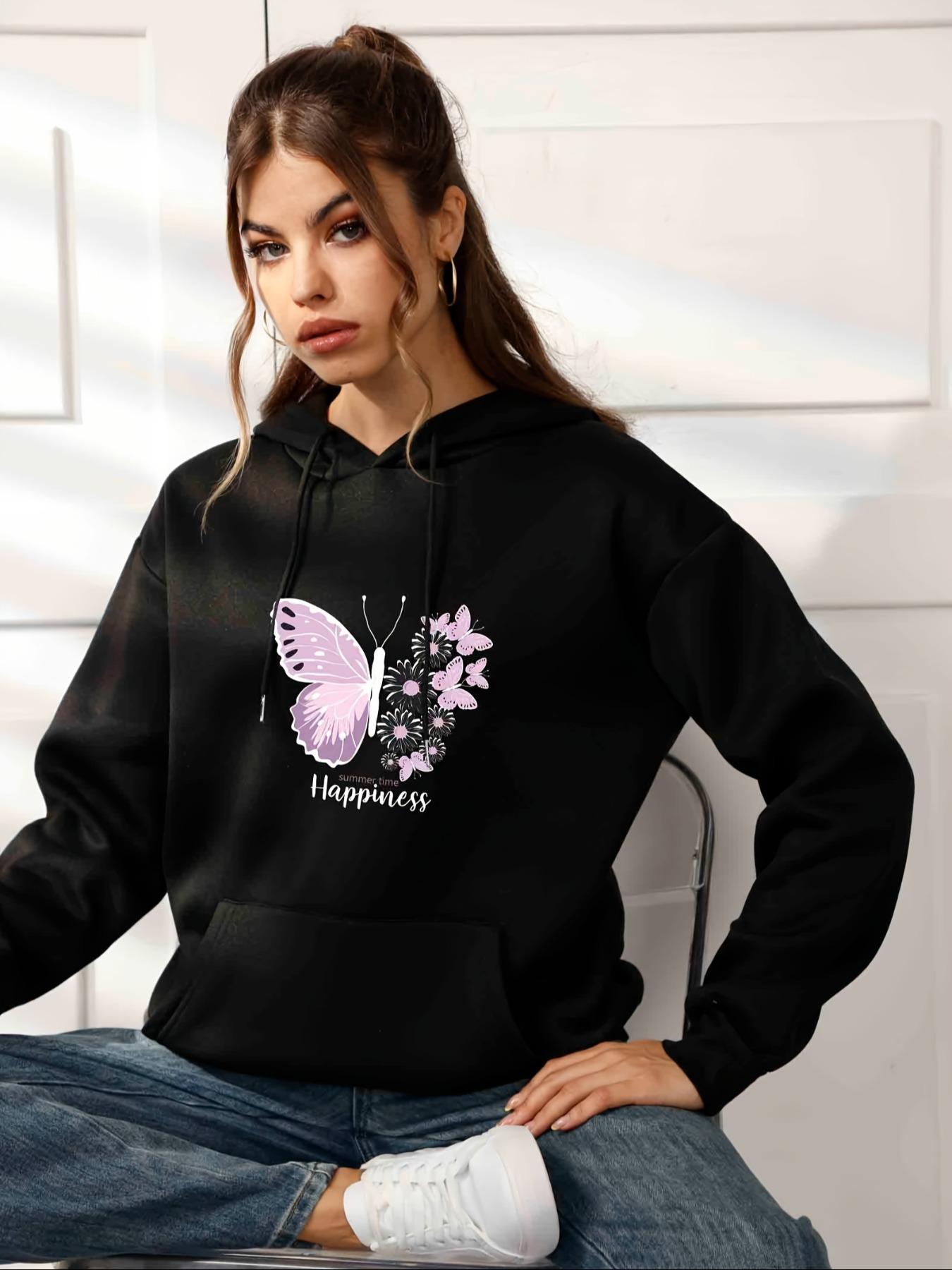 Women's Butterfly Print Hoodie, Fashion Casual Hooded Sweatshirt for Daily Holiday Outdoor Wear, Women Clothing for Fall & Winter