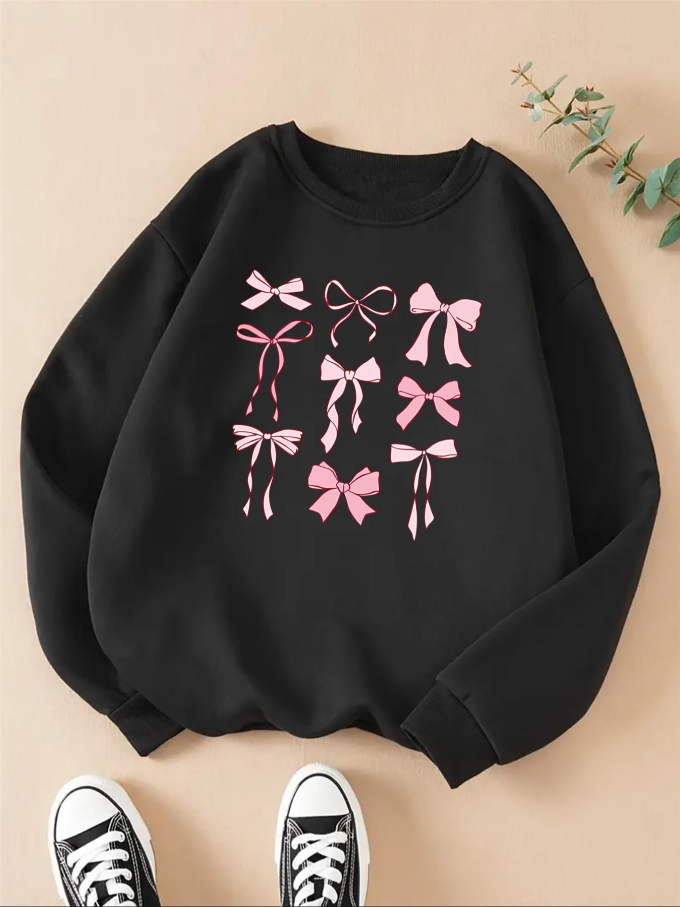 Women's Bow Print Crew Neck Sweatshirt, Casual Long Sleeve Pullover for Fall & Winter, Women's Clothes for Daily Wear