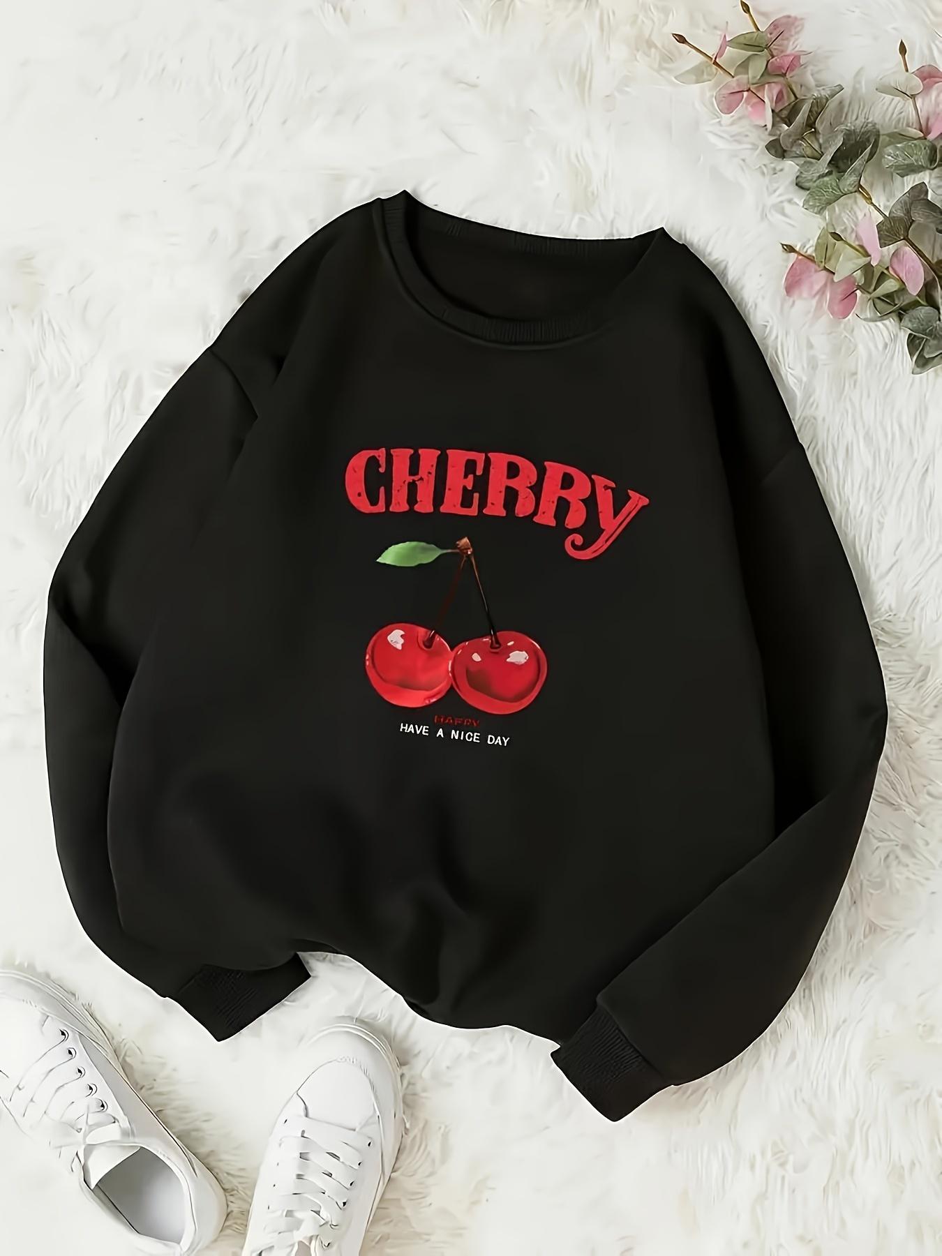 Women's Cherry Print Crew Neck Sweatshirt, Casual Long Sleeve Pullover for Daily Wear, Ladies Fall & Winter Clothes