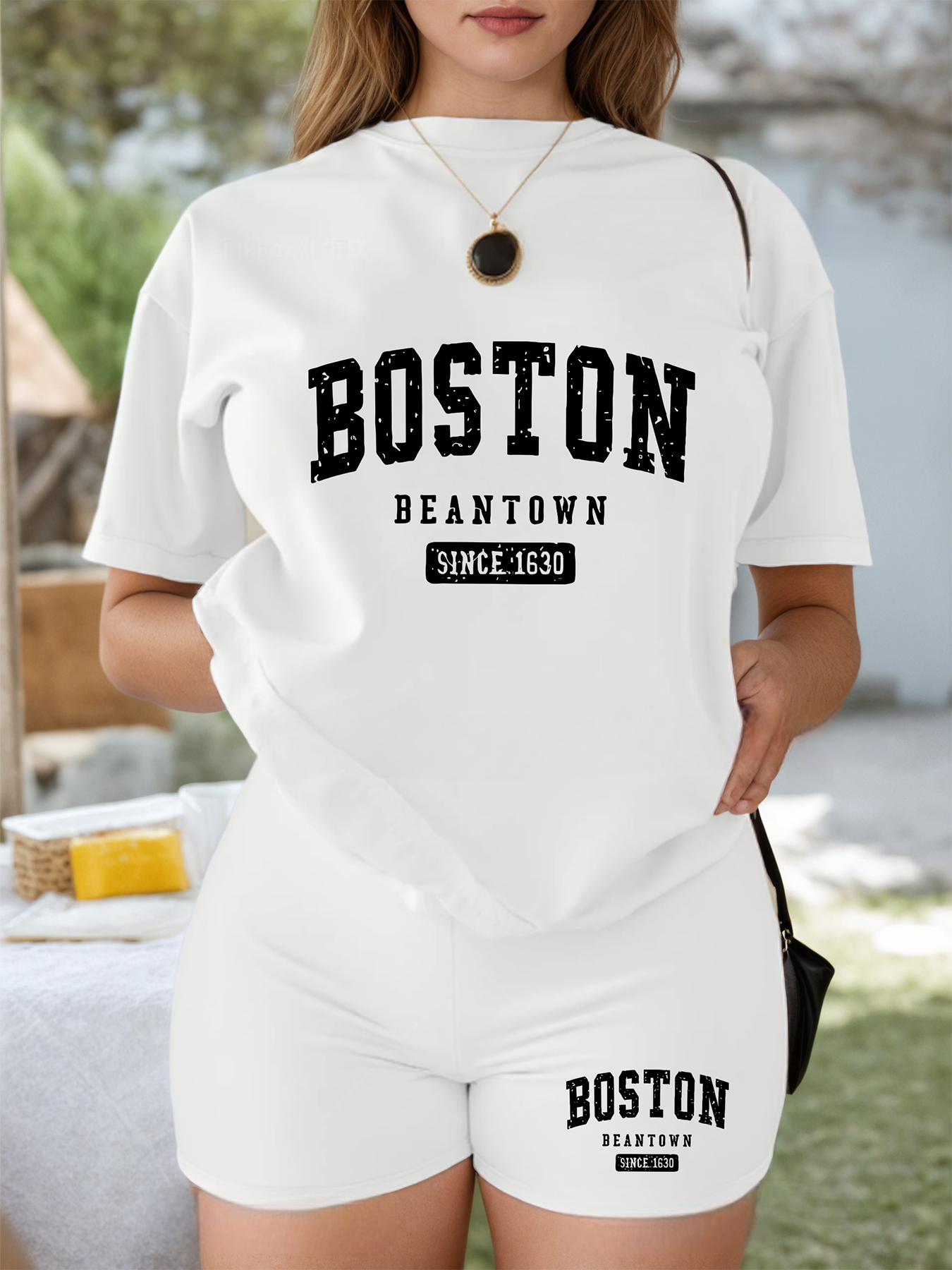 Two-piece Set, Cami Bodysuit & Drawstring Waist Shorts Outfits,  Boston Letter Print Casual Women's Clothing