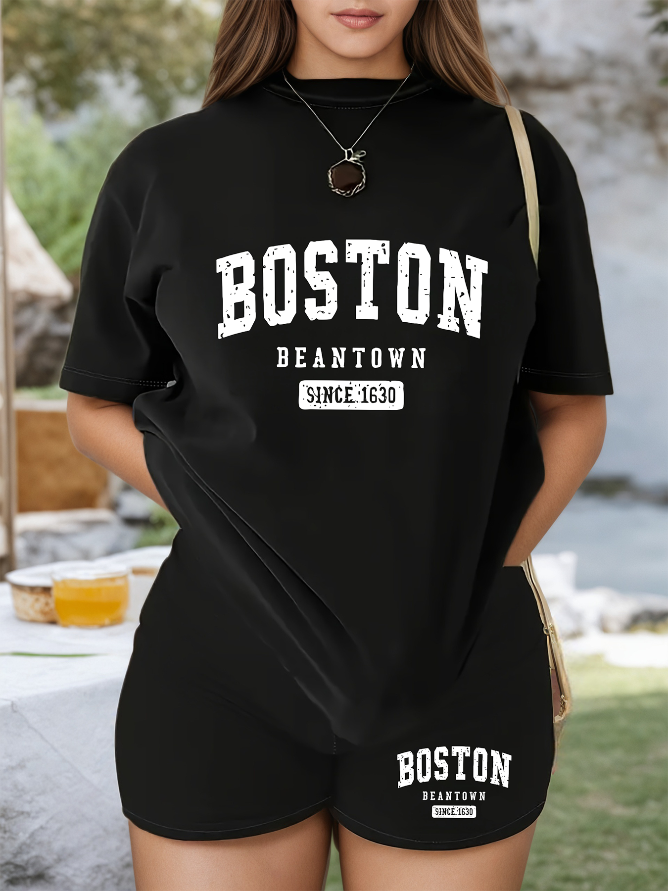 Boston Print Summer & Spring Casual Shorts Set, Crew Neck Short Sleeve Top & Drawstring Shorts With Pockets Outfits, Women's Clothing