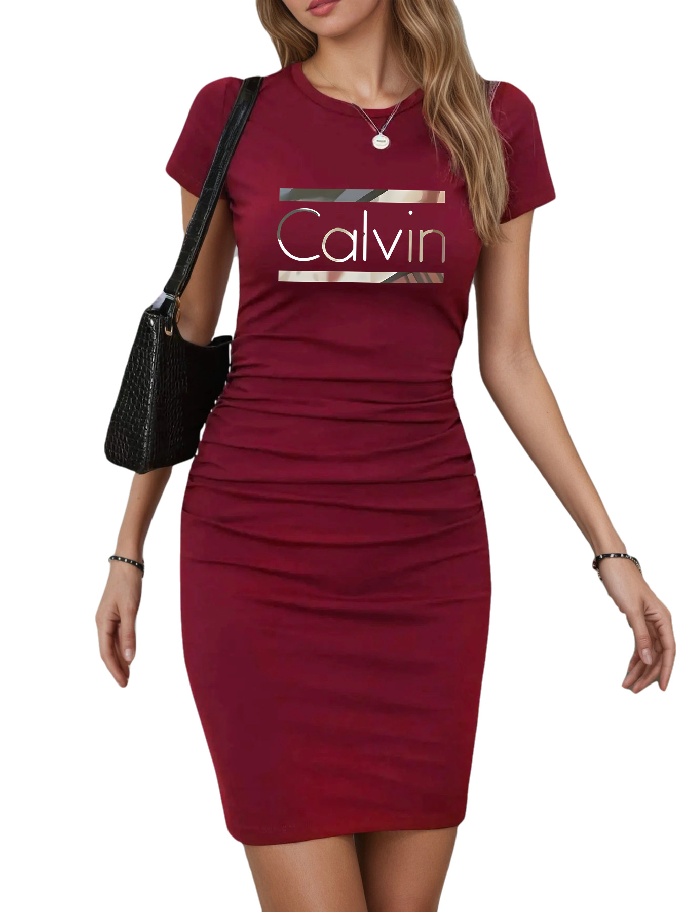 Women's Sexy CALVIN Bodycon Art Print T-Shirt Dress - Stretchy Breathable Fabric, Slim Fit Knee-Length, Round Neck Short Sleeve, Machine Washable Black Dress for Spring/Summer Casual & Formal Wear, Summer Fashion, Spring Fashion, Easycare Clothing