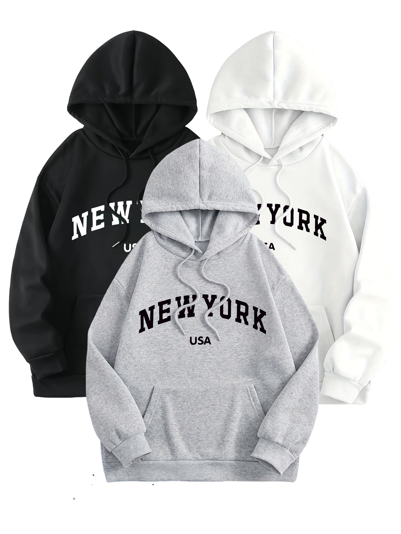 New York Print Solid Color Drawstring Hoodie, Pullover Drawstring Kangaroo Pocket Active Hooded Sweatshirt, Women's Sweatshirts