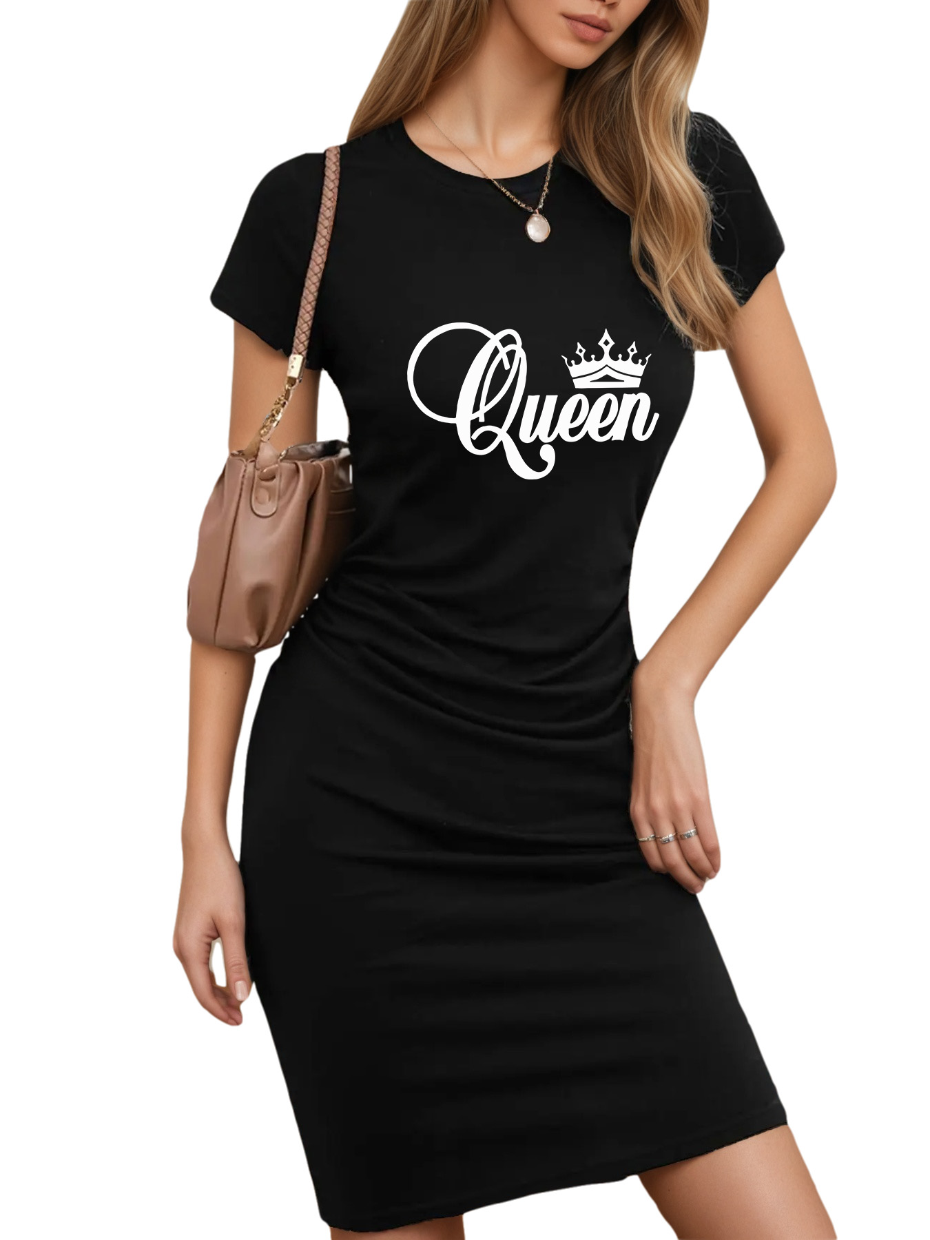 Women'S Stylish Black T-Shirt Dress with  Queen  Print - Short, Round Neck, Medium Stretch Fabric, Perfect for Spring/Summer, Casual to Semi-Formal Attire, Casual Attire | Graphic Tee Dress | Comfortable Fit, T Shirts