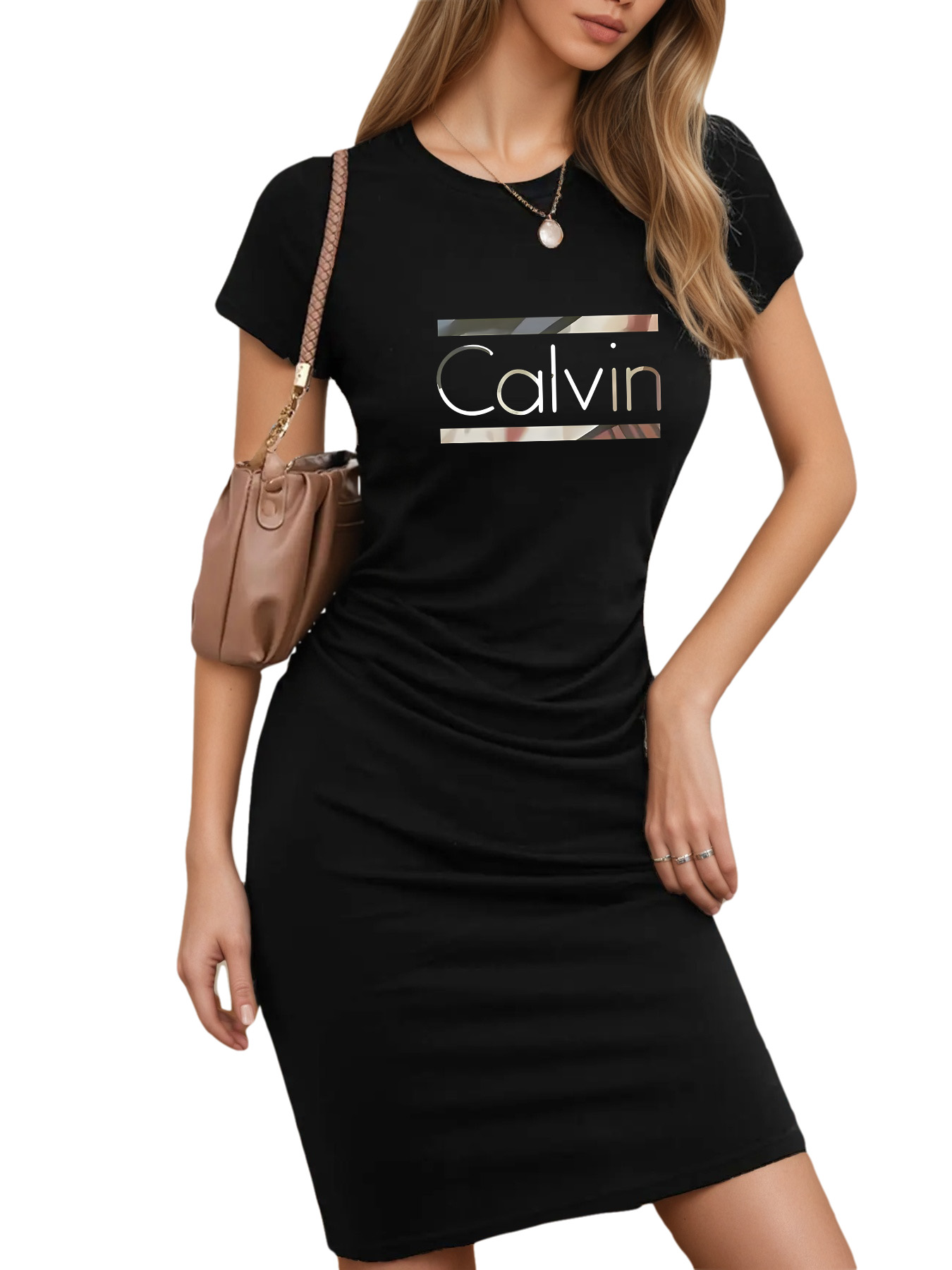 Women's Sexy CALVIN Bodycon Art Print T-Shirt Dress - Stretchy Breathable Fabric, Slim Fit Knee-Length, Round Neck Short Sleeve, Machine Washable Black Dress for Spring/Summer Casual & Formal Wear, Summer Fashion, Spring Fashion, Easycare Clothing