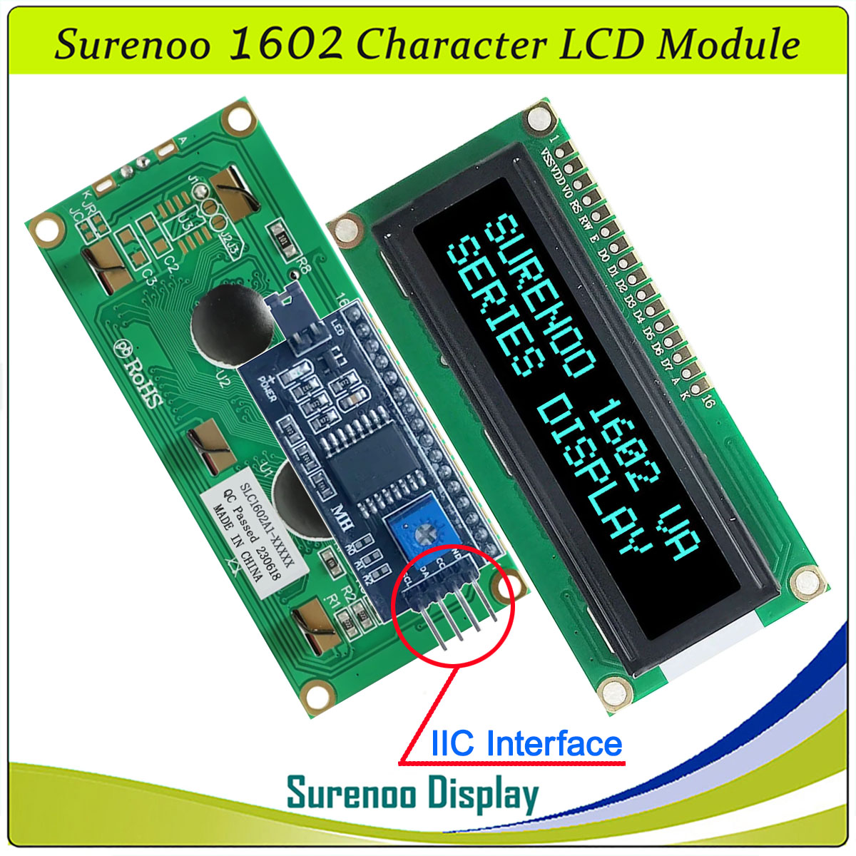 SLC1602A1 PCB=80.00X36.00MM 1602 16*2 Surenoo Character LCD Module Display Screen Panel 6800 4/8-bit Parallel Serial IIC I2C AIP31066 SPLC780D ST7066 PCF8574 Controller STN Yellow Green STN Blue Negative FSTN Positive LED Backlight USB2LCD for AIDA64