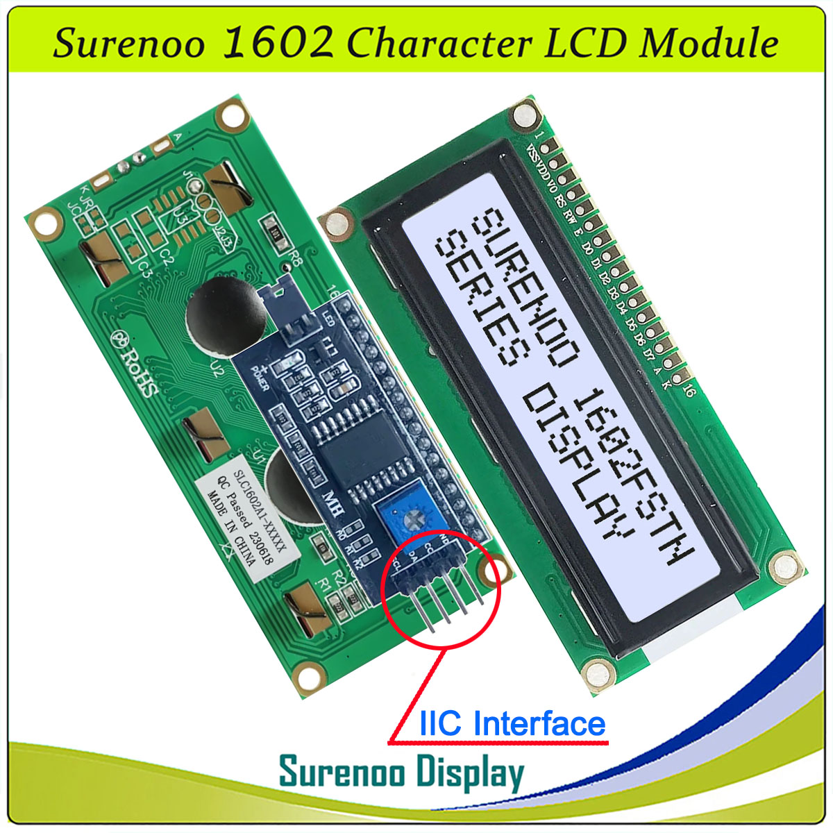 SLC1602A1 PCB=80.00X36.00MM 1602 16*2 Surenoo Character LCD Module Display Screen Panel 6800 4/8-bit Parallel Serial IIC I2C AIP31066 SPLC780D ST7066 PCF8574 Controller STN Yellow Green STN Blue Negative FSTN Positive LED Backlight USB2LCD for AIDA64