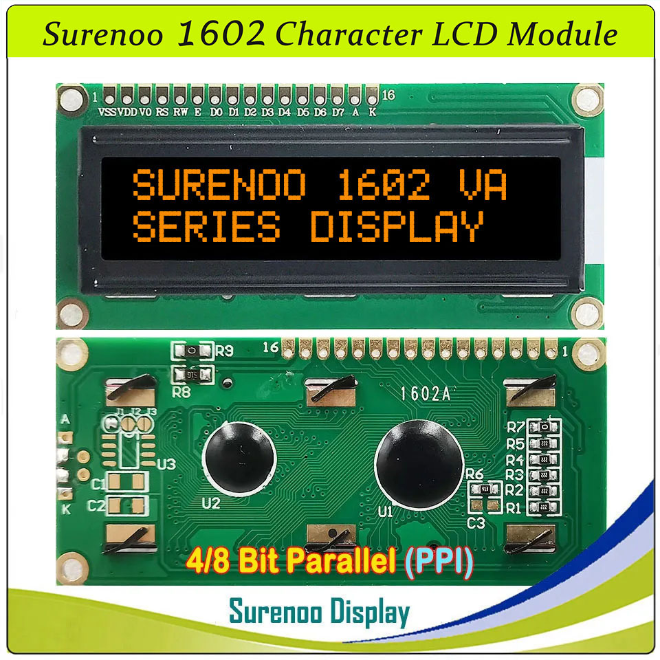 SLC1602A1 PCB=80.00X36.00MM 1602 16*2 Surenoo Character LCD Module Display Screen Panel 6800 4/8-bit Parallel Serial IIC I2C AIP31066 SPLC780D ST7066 PCF8574 Controller STN Yellow Green STN Blue Negative FSTN Positive LED Backlight USB2LCD for AIDA64