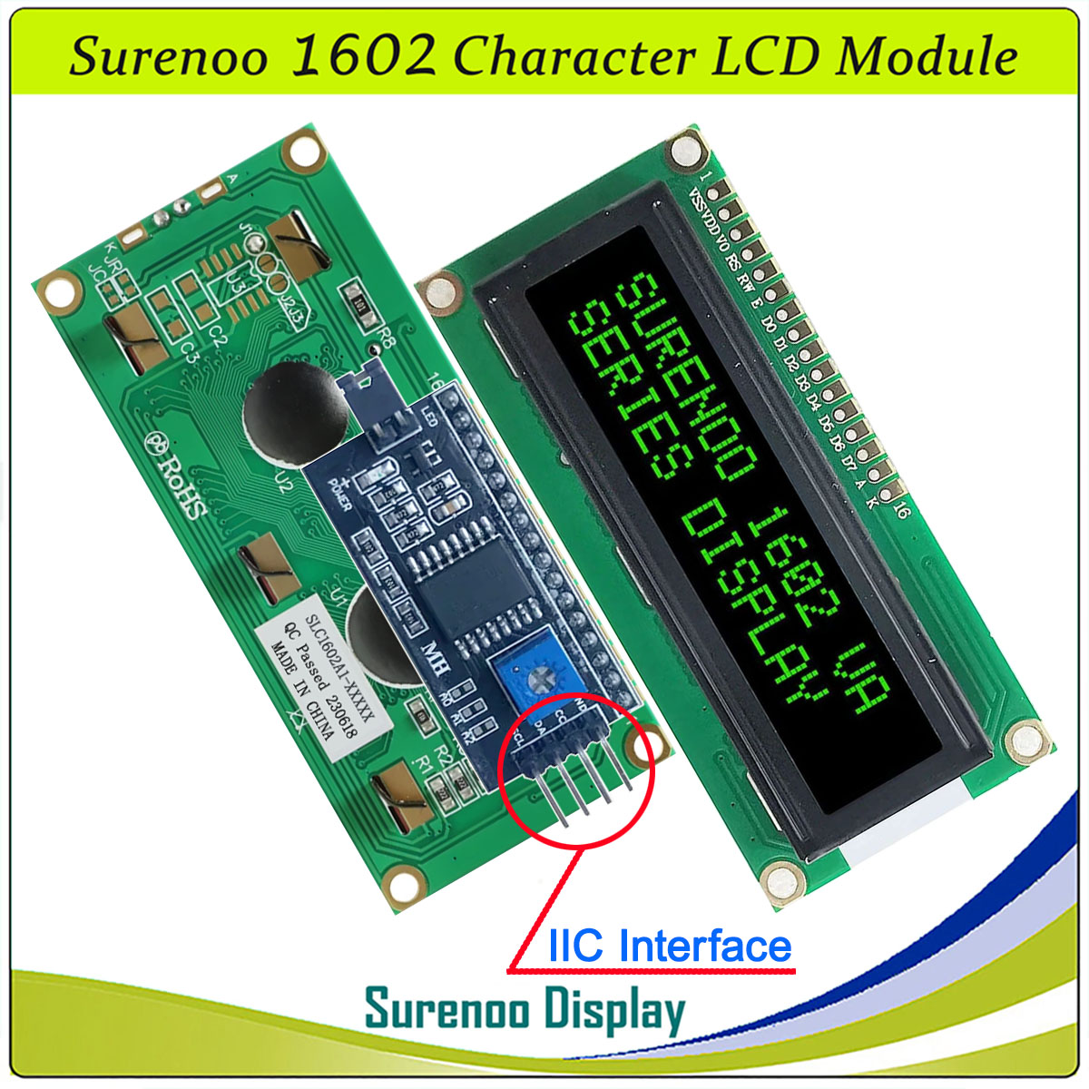 SLC1602A1 PCB=80.00X36.00MM 1602 16*2 Surenoo Character LCD Module Display Screen Panel 6800 4/8-bit Parallel Serial IIC I2C AIP31066 SPLC780D ST7066 PCF8574 Controller STN Yellow Green STN Blue Negative FSTN Positive LED Backlight USB2LCD for AIDA64