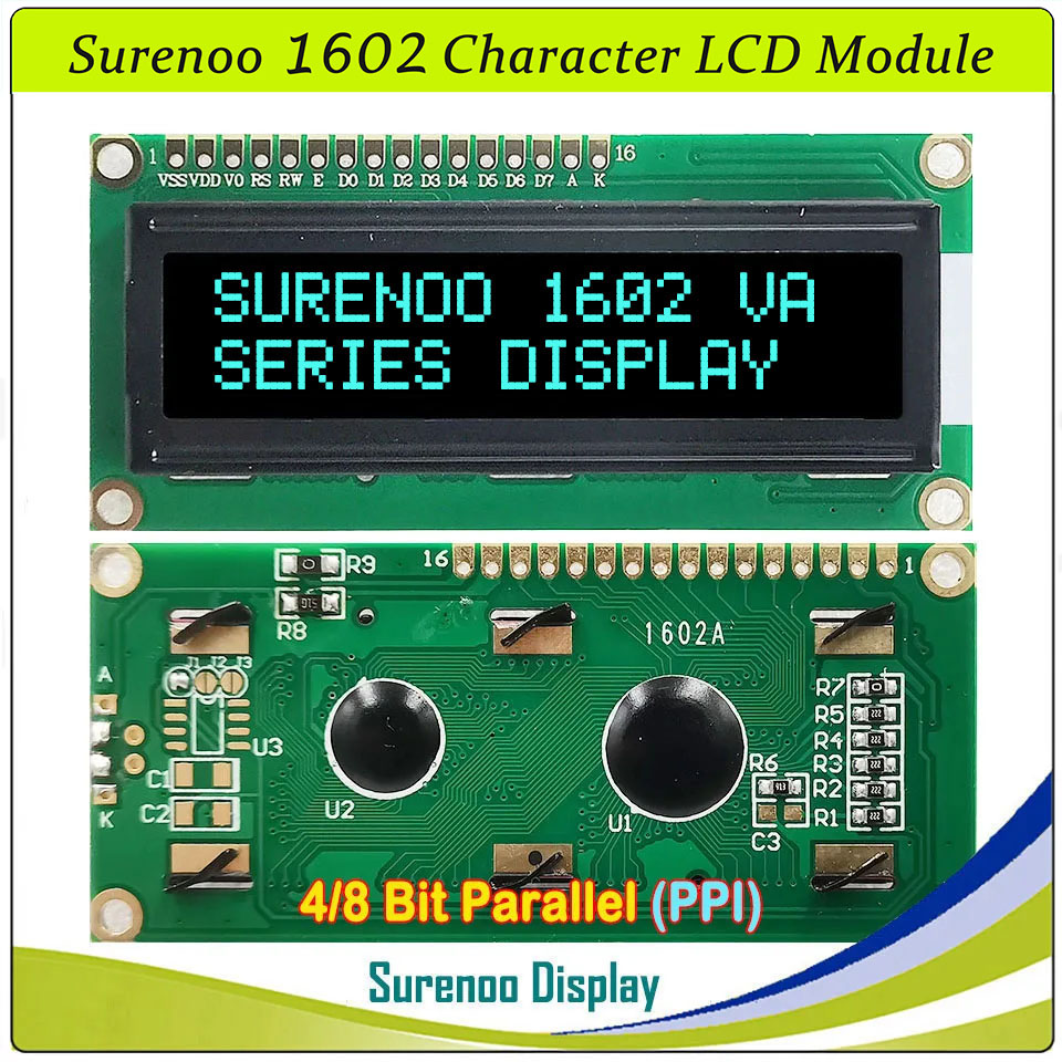 SLC1602A1 PCB=80.00X36.00MM 1602 16*2 Surenoo Character LCD Module Display Screen Panel 6800 4/8-bit Parallel Serial IIC I2C AIP31066 SPLC780D ST7066 PCF8574 Controller STN Yellow Green STN Blue Negative FSTN Positive LED Backlight USB2LCD for AIDA64