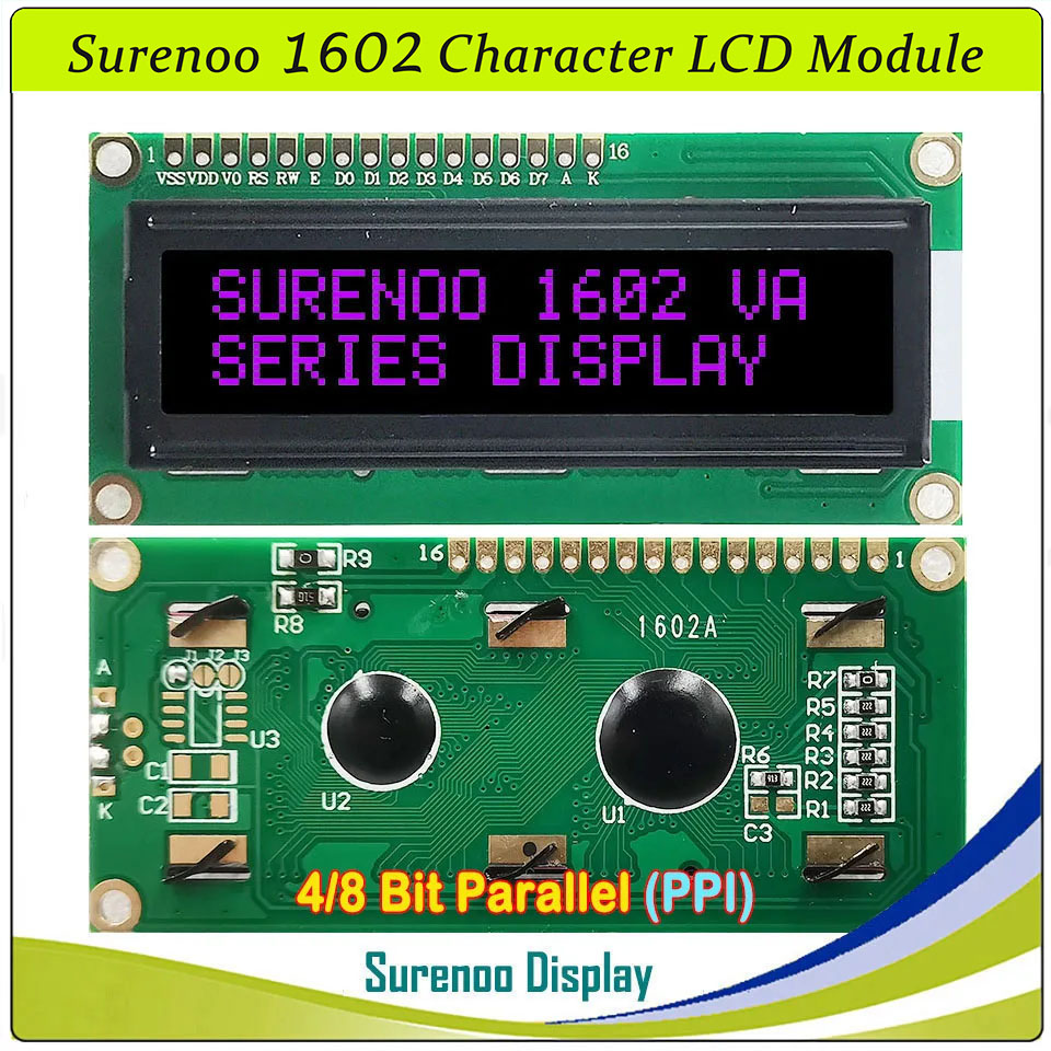 SLC1602A1 PCB=80.00X36.00MM 1602 16*2 Surenoo Character LCD Module Display Screen Panel 6800 4/8-bit Parallel Serial IIC I2C AIP31066 SPLC780D ST7066 PCF8574 Controller STN Yellow Green STN Blue Negative FSTN Positive LED Backlight USB2LCD for AIDA64