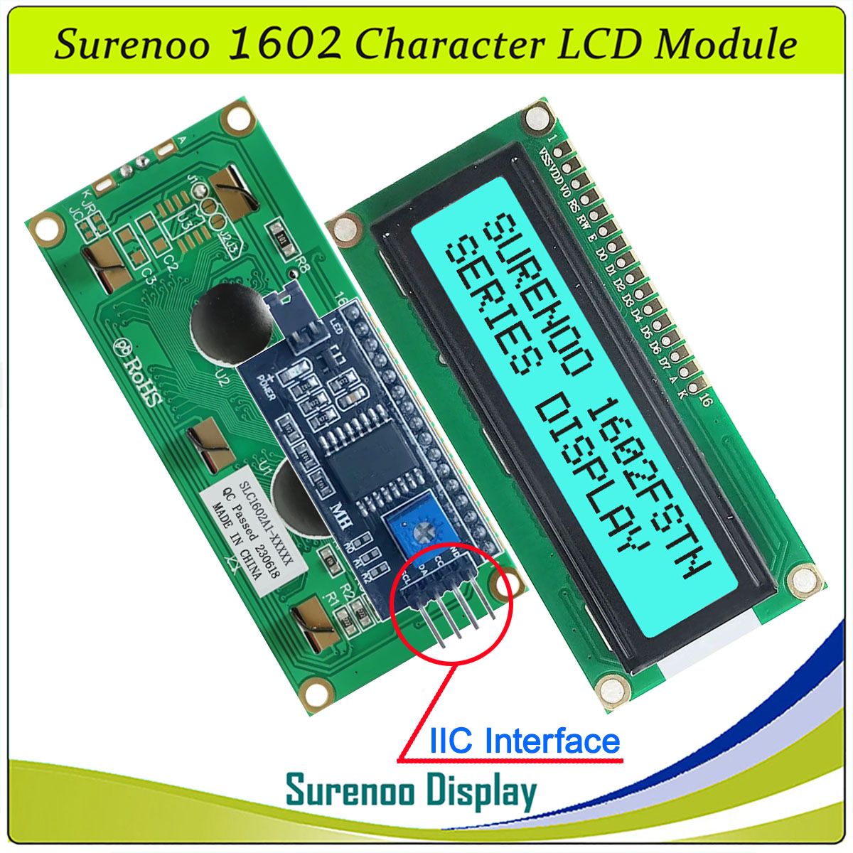 SLC1602A1 PCB=80.00X36.00MM 1602 16*2 Surenoo Character LCD Module Display Screen Panel 6800 4/8-bit Parallel Serial IIC I2C AIP31066 SPLC780D ST7066 PCF8574 Controller STN Yellow Green STN Blue Negative FSTN Positive LED Backlight USB2LCD for AIDA64