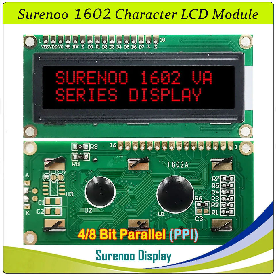 SLC1602A1 PCB=80.00X36.00MM 1602 16*2 Surenoo Character LCD Module Display Screen Panel 6800 4/8-bit Parallel Serial IIC I2C AIP31066 SPLC780D ST7066 PCF8574 Controller STN Yellow Green STN Blue Negative FSTN Positive LED Backlight USB2LCD for AIDA64
