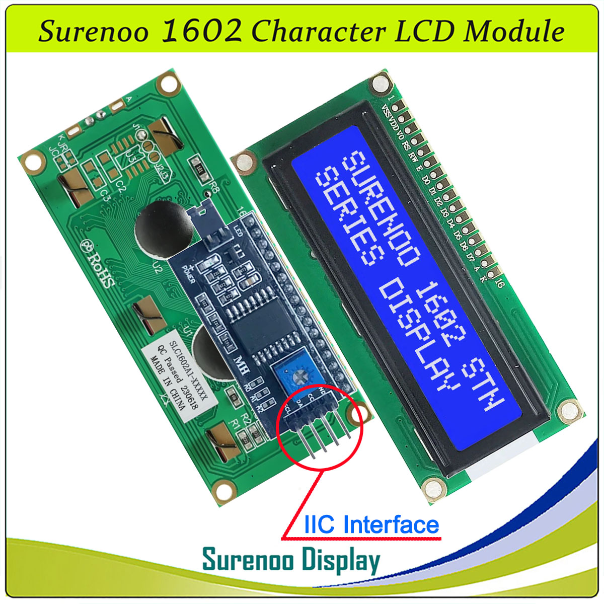 SLC1602A1 PCB=80.00X36.00MM 1602 16*2 Surenoo Character LCD Module Display Screen Panel 6800 4/8-bit Parallel Serial IIC I2C AIP31066 SPLC780D ST7066 PCF8574 Controller STN Yellow Green STN Blue Negative FSTN Positive LED Backlight USB2LCD for AIDA64