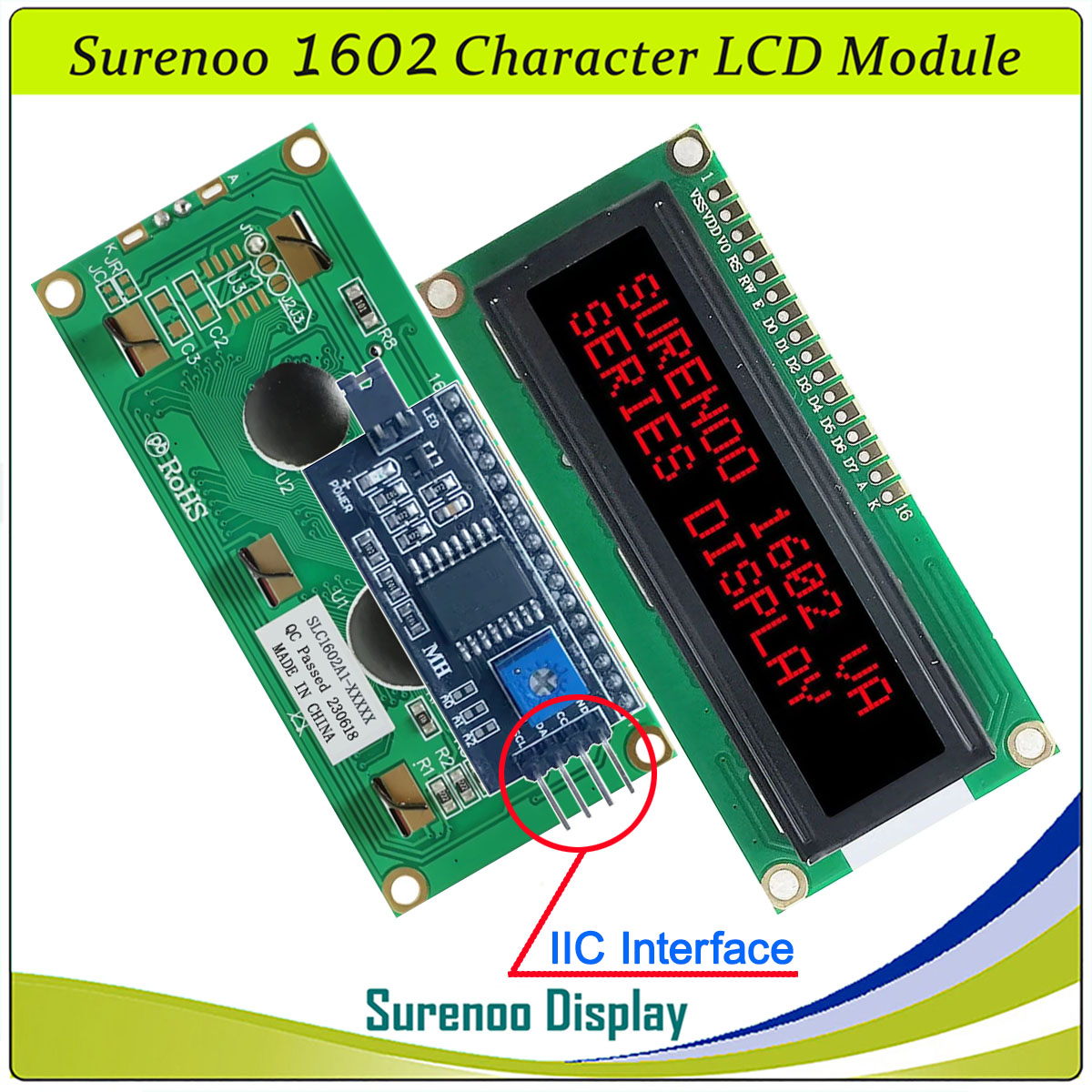 SLC1602A1 PCB=80.00X36.00MM 1602 16*2 Surenoo Character LCD Module Display Screen Panel 6800 4/8-bit Parallel Serial IIC I2C AIP31066 SPLC780D ST7066 PCF8574 Controller STN Yellow Green STN Blue Negative FSTN Positive LED Backlight USB2LCD for AIDA64
