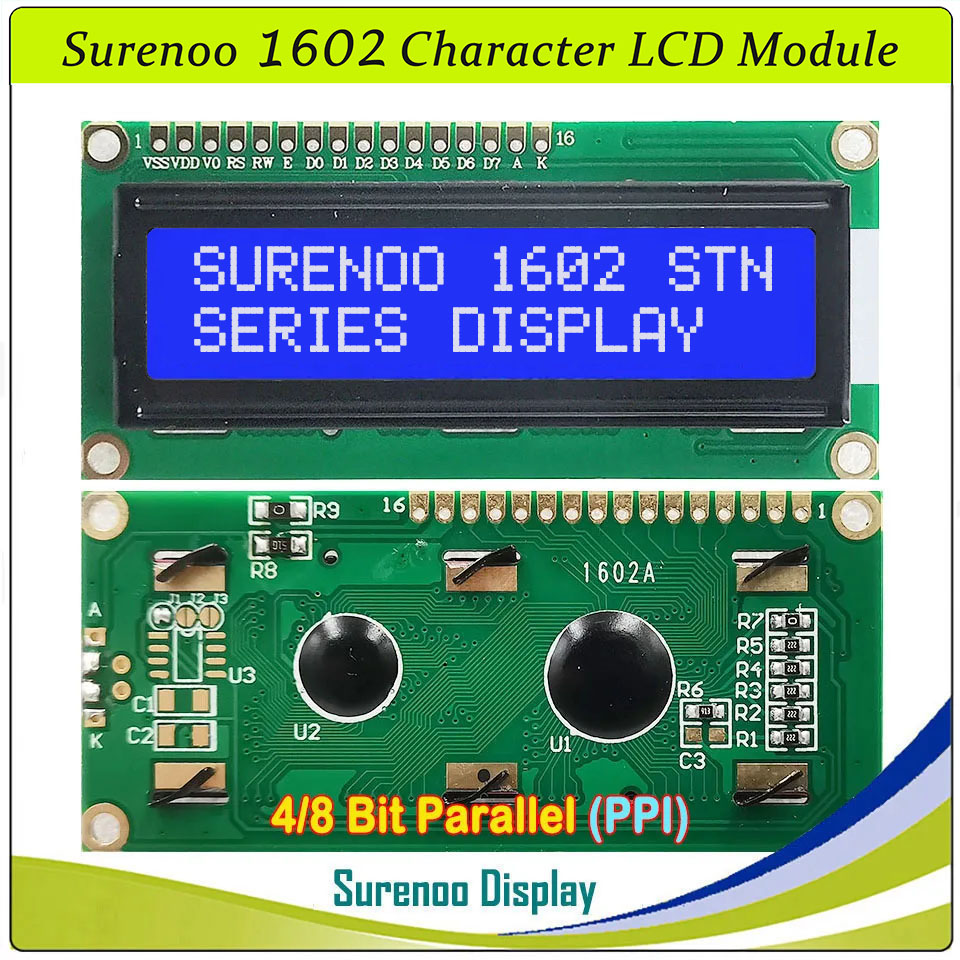 SLC1602A1 PCB=80.00X36.00MM 1602 16*2 Surenoo Character LCD Module Display Screen Panel 6800 4/8-bit Parallel Serial IIC I2C AIP31066 SPLC780D ST7066 PCF8574 Controller STN Yellow Green STN Blue Negative FSTN Positive LED Backlight USB2LCD for AIDA64