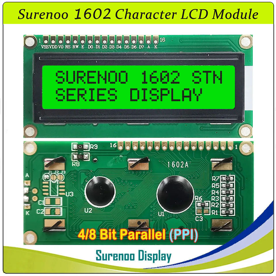 SLC1602A1 PCB=80.00X36.00MM 1602 16*2 Surenoo Character LCD Module Display Screen Panel 6800 4/8-bit Parallel Serial IIC I2C AIP31066 SPLC780D ST7066 PCF8574 Controller STN Yellow Green STN Blue Negative FSTN Positive LED Backlight USB2LCD for AIDA64