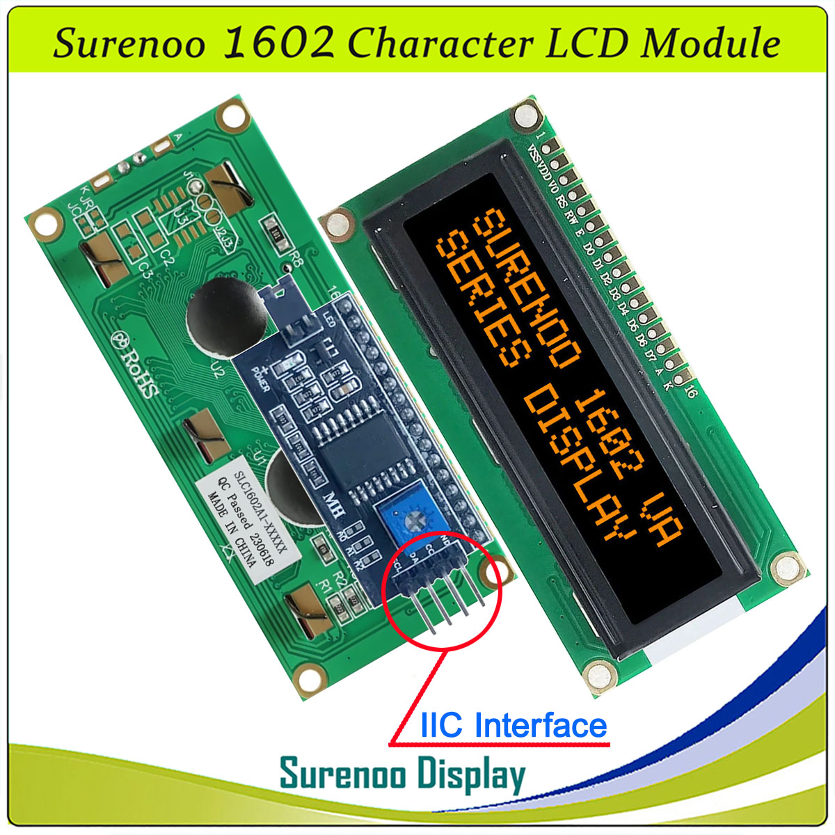 SLC1602A1 PCB=80.00X36.00MM 1602 16*2 Surenoo Character LCD Module Display Screen Panel 6800 4/8-bit Parallel Serial IIC I2C AIP31066 SPLC780D ST7066 PCF8574 Controller STN Yellow Green STN Blue Negative FSTN Positive LED Backlight USB2LCD for AIDA64