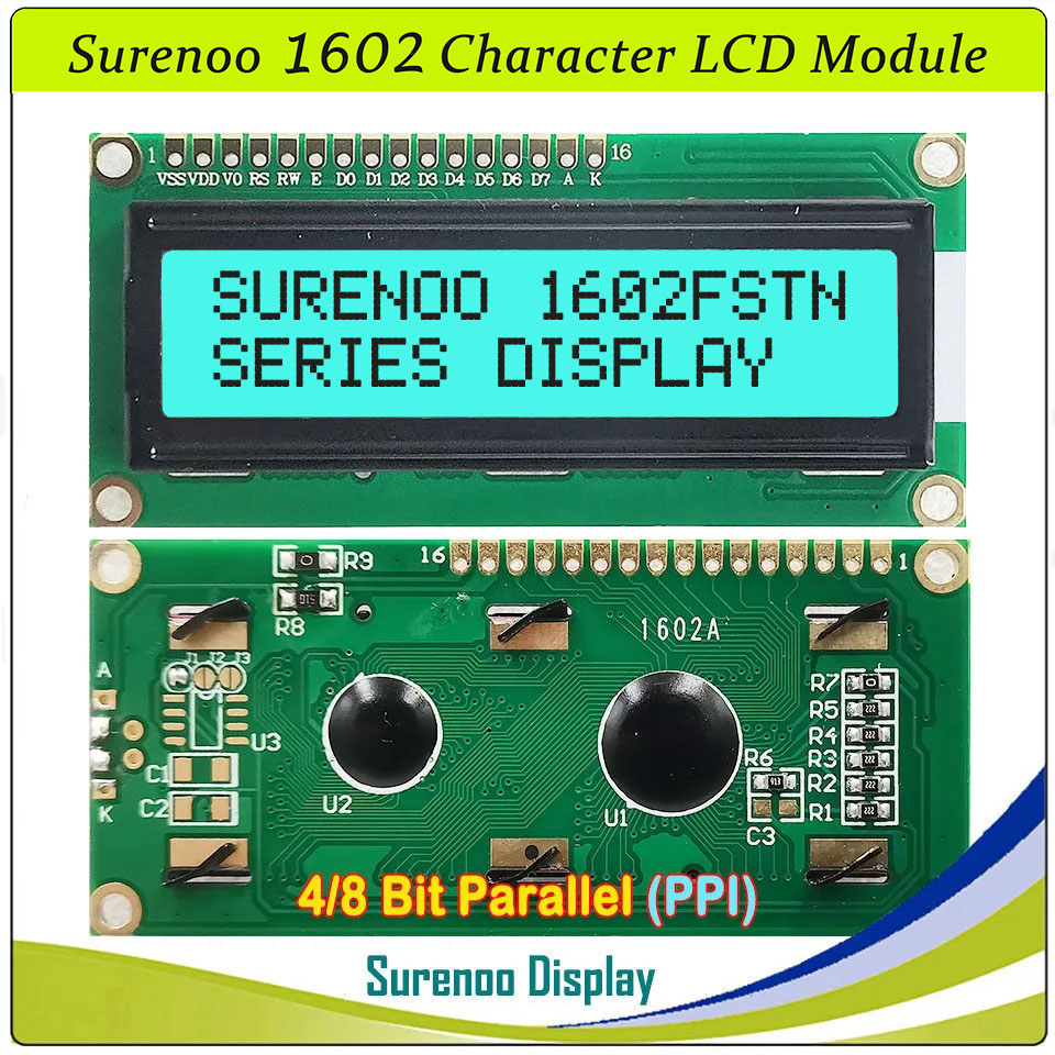 SLC1602A1 PCB=80.00X36.00MM 1602 16*2 Surenoo Character LCD Module Display Screen Panel 6800 4/8-bit Parallel Serial IIC I2C AIP31066 SPLC780D ST7066 PCF8574 Controller STN Yellow Green STN Blue Negative FSTN Positive LED Backlight USB2LCD for AIDA64