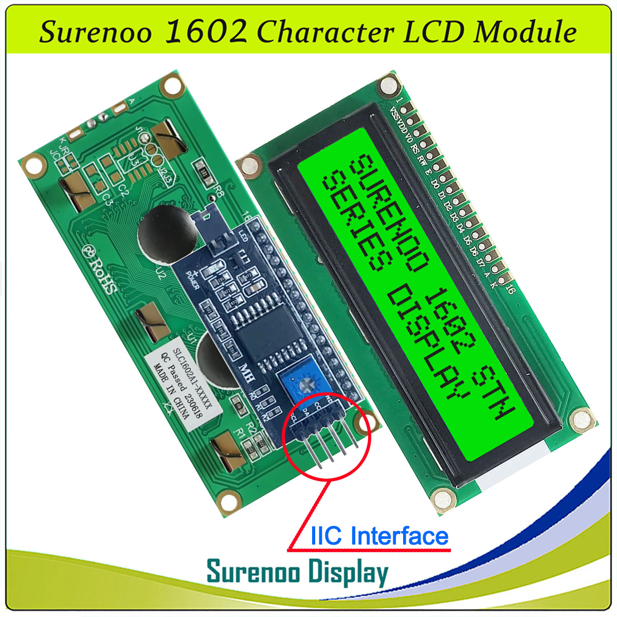 SLC1602A1 PCB=80.00X36.00MM 1602 16*2 Surenoo Character LCD Module Display Screen Panel 6800 4/8-bit Parallel Serial IIC I2C AIP31066 SPLC780D ST7066 PCF8574 Controller STN Yellow Green STN Blue Negative FSTN Positive LED Backlight USB2LCD for AIDA64