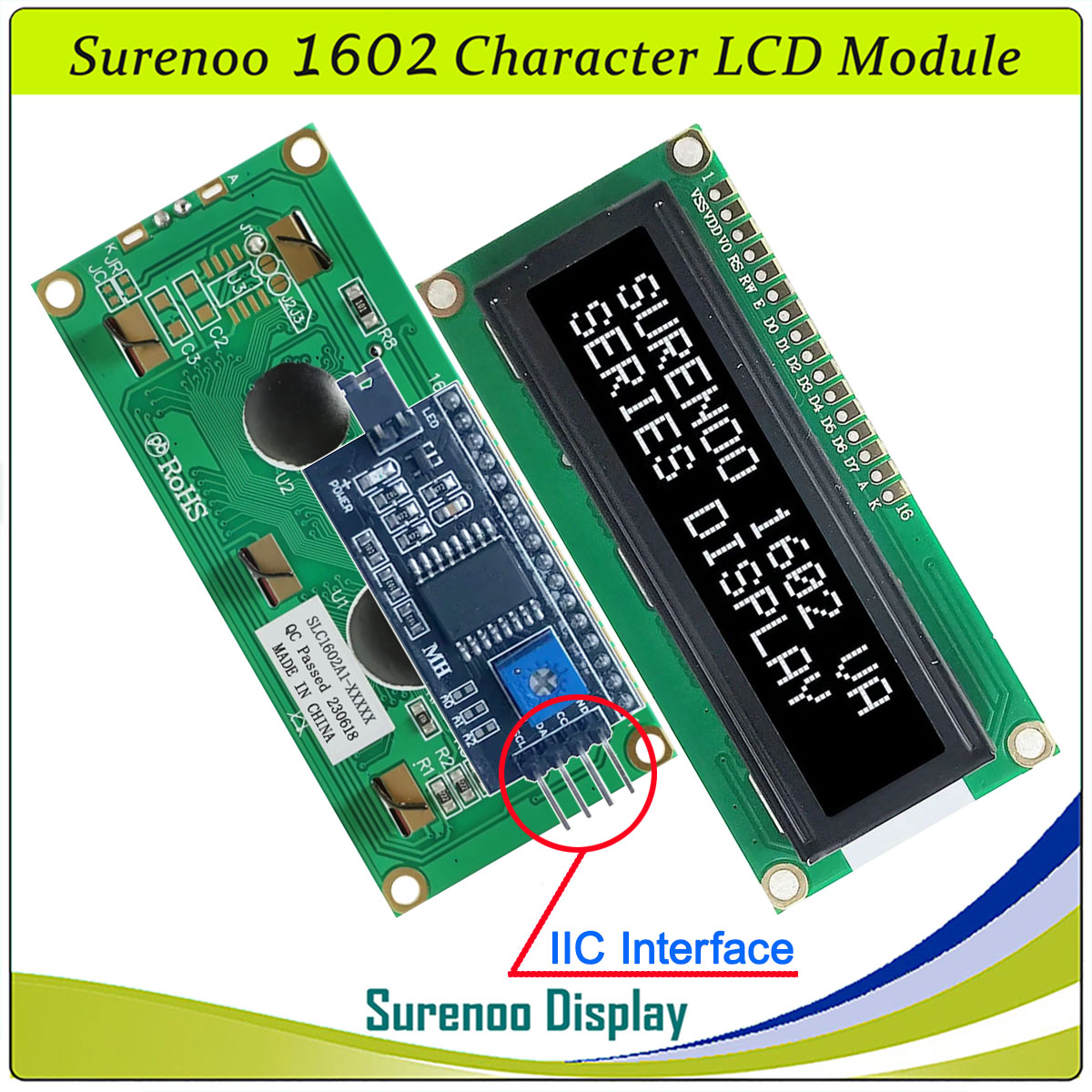 SLC1602A1 PCB=80.00X36.00MM 1602 16*2 Surenoo Character LCD Module Display Screen Panel 6800 4/8-bit Parallel Serial IIC I2C AIP31066 SPLC780D ST7066 PCF8574 Controller STN Yellow Green STN Blue Negative FSTN Positive LED Backlight USB2LCD for AIDA64
