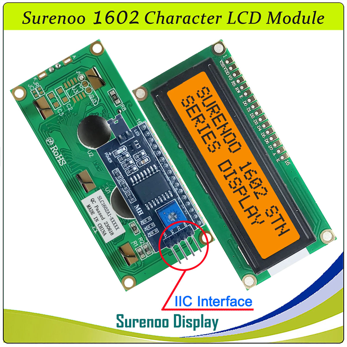 SLC1602A1 PCB=80.00X36.00MM 1602 16*2 Surenoo Character LCD Module Display Screen Panel 6800 4/8-bit Parallel Serial IIC I2C AIP31066 SPLC780D ST7066 PCF8574 Controller STN Yellow Green STN Blue Negative FSTN Positive LED Backlight USB2LCD for AIDA64