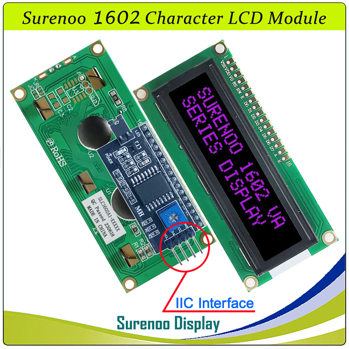SLC1602A1 PCB=80.00X36.00MM 1602 16*2 Surenoo Character LCD Module Display Screen Panel 6800 4/8-bit Parallel Serial IIC I2C AIP31066 SPLC780D ST7066 PCF8574 Controller STN Yellow Green STN Blue Negative FSTN Positive LED Backlight USB2LCD for AIDA64