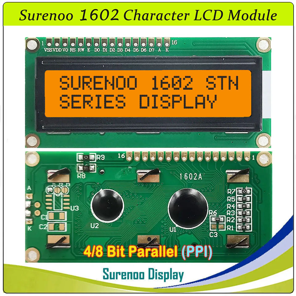 SLC1602A1 PCB=80.00X36.00MM 1602 16*2 Surenoo Character LCD Module Display Screen Panel 6800 4/8-bit Parallel Serial IIC I2C AIP31066 SPLC780D ST7066 PCF8574 Controller STN Yellow Green STN Blue Negative FSTN Positive LED Backlight USB2LCD for AIDA64