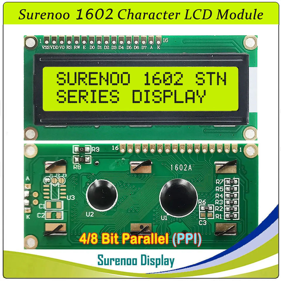 SLC1602A1 PCB=80.00X36.00MM 1602 16*2 Surenoo Character LCD Module Display Screen Panel 6800 4/8-bit Parallel Serial IIC I2C AIP31066 SPLC780D ST7066 PCF8574 Controller STN Yellow Green STN Blue Negative FSTN Positive LED Backlight USB2LCD for AIDA64
