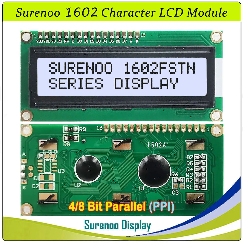 SLC1602A1 PCB=80.00X36.00MM 1602 16*2 Surenoo Character LCD Module Display Screen Panel 6800 4/8-bit Parallel Serial IIC I2C AIP31066 SPLC780D ST7066 PCF8574 Controller STN Yellow Green STN Blue Negative FSTN Positive LED Backlight USB2LCD for AIDA64