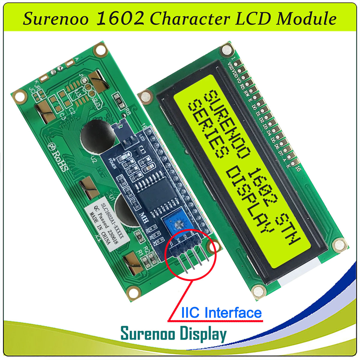 SLC1602A1 PCB=80.00X36.00MM 1602 16*2 Surenoo Character LCD Module Display Screen Panel 6800 4/8-bit Parallel Serial IIC I2C AIP31066 SPLC780D ST7066 PCF8574 Controller STN Yellow Green STN Blue Negative FSTN Positive LED Backlight USB2LCD for AIDA64