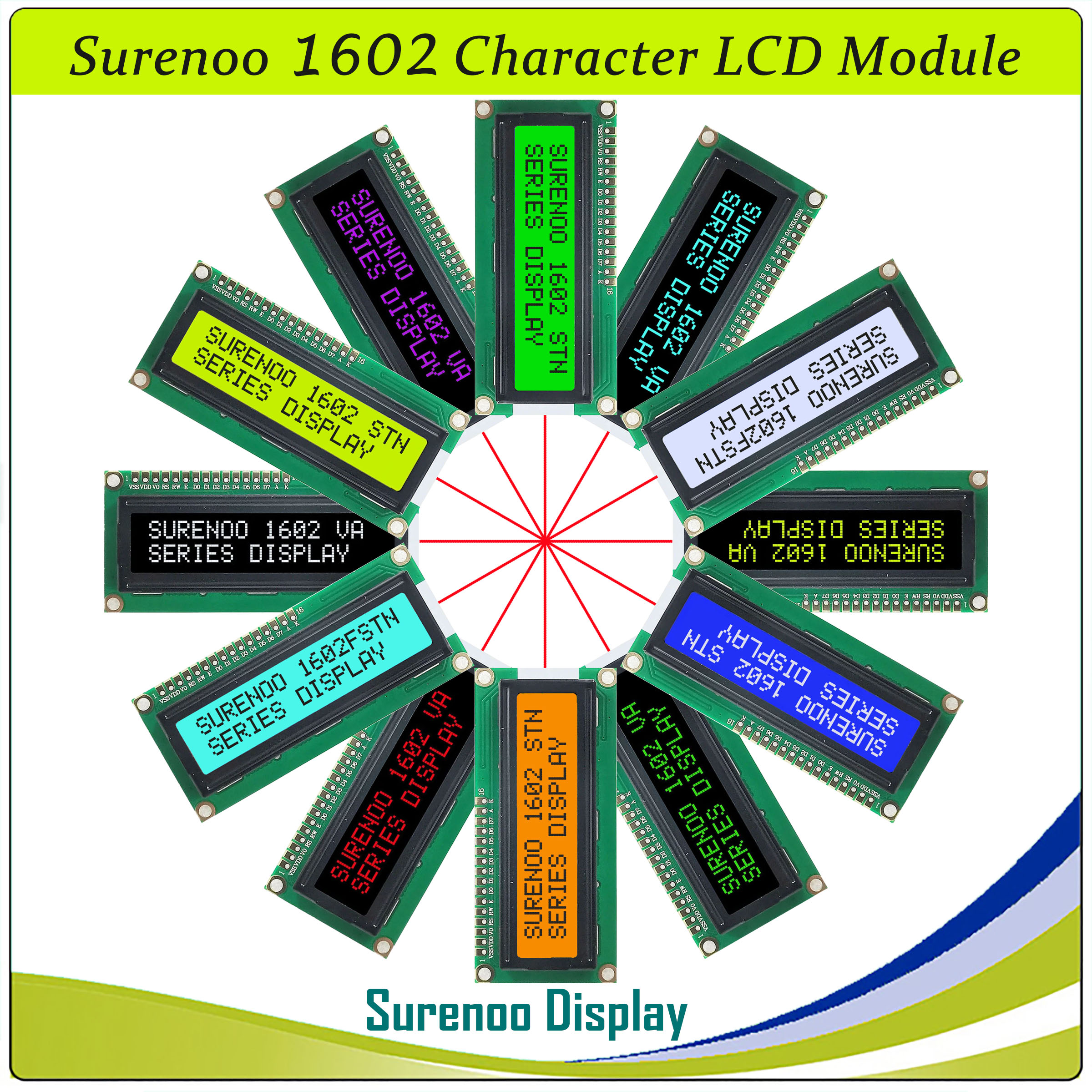 SLC1602A1 PCB=80.00X36.00MM 1602 16*2 Surenoo Character LCD Module Display Screen Panel 6800 4/8-bit Parallel Serial IIC I2C AIP31066 SPLC780D ST7066 PCF8574 Controller STN Yellow Green STN Blue Negative FSTN Positive LED Backlight USB2LCD for AIDA64