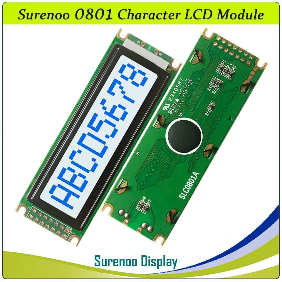 SLC0801A PCB=85.00X29.50MM 0801 8*1 Surenoo Character LCD Module Display Screen Panel 6800 4-bit 8-bit Parallel Serial IIC I2C AIP31066 SPLC780D ST7066 PCF8574 Controller STN Yellow Green LED Backlight