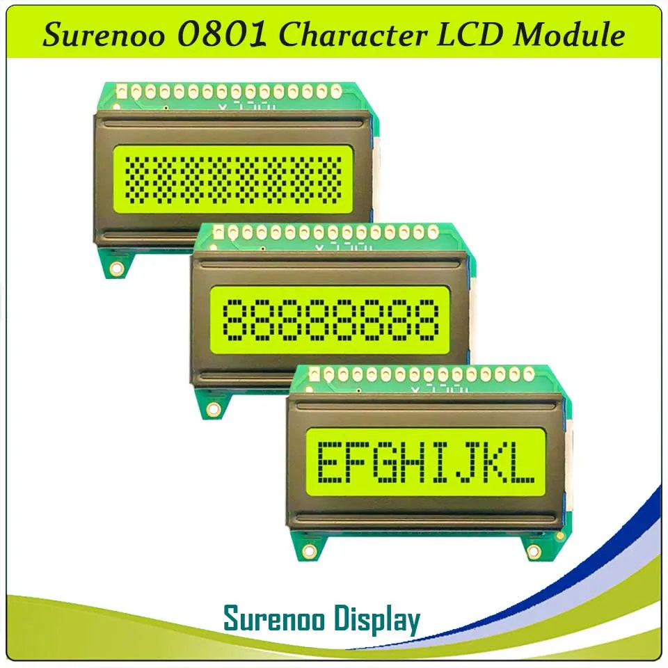 SLC0801D PCB=39.80X27.50MM 0801 8*1 Surenoo Character LCD Module Display Screen Panel 6800 4-bit 8-bit Parallel Serial IIC I2C AIP31066 SPLC780D ST7066 Controller STN Yellow Green LED Backlight