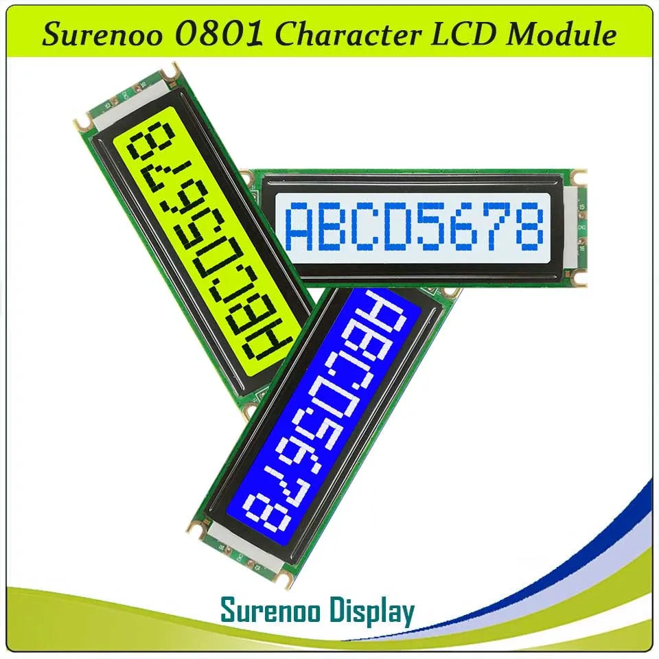 SLC0801A PCB=85.00X29.50MM 0801 8*1 Surenoo Character LCD Module Display Screen Panel 6800 4-bit 8-bit Parallel Serial IIC I2C AIP31066 SPLC780D ST7066 PCF8574 Controller STN Yellow Green LED Backlight