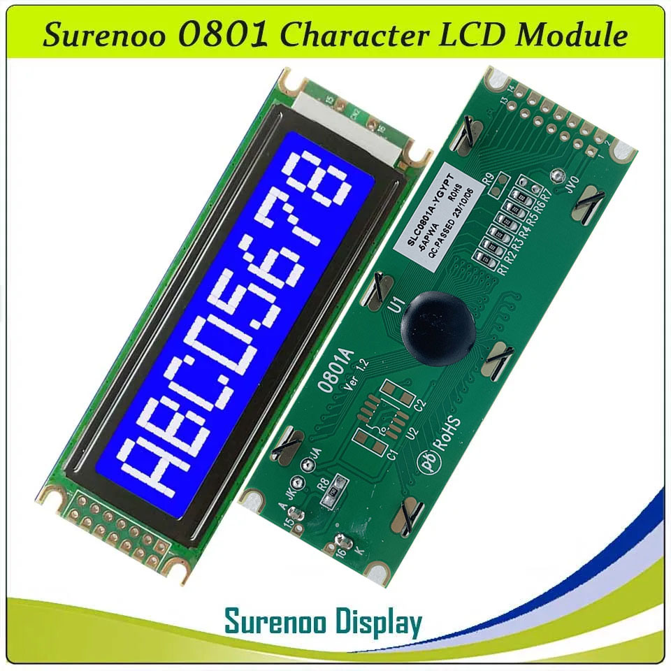 SLC0801A PCB=85.00X29.50MM 0801 8*1 Surenoo Character LCD Module Display Screen Panel 6800 4-bit 8-bit Parallel Serial IIC I2C AIP31066 SPLC780D ST7066 PCF8574 Controller STN Yellow Green LED Backlight