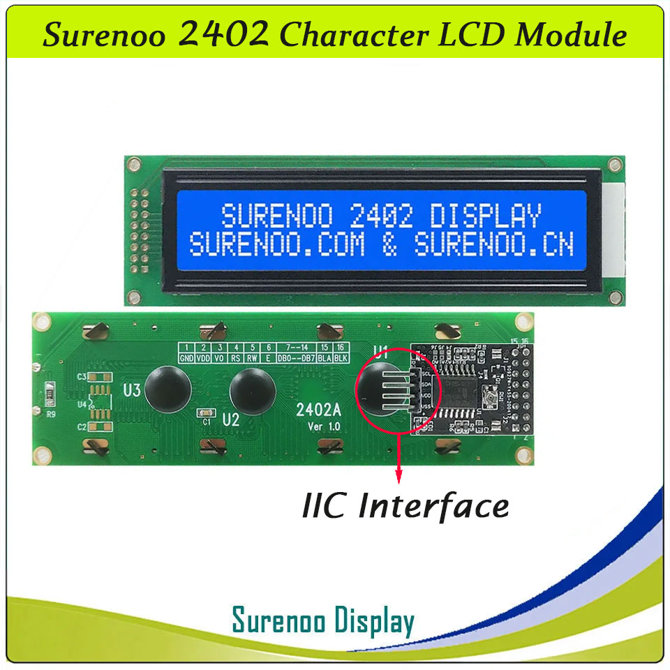 SLC2402A PCB=118.00X36.00MM 2402 24*2 Surenoo Character LCD Module Display Screen Panel 6800 4-bit 8-bit Parallel Serial IIC I2C AIP31066 SPLC780D ST7066 PCF8574 Controller STN Yellow Green STN Blue Negative LED Backlight USB2LCD LCD Smartie AIDA64