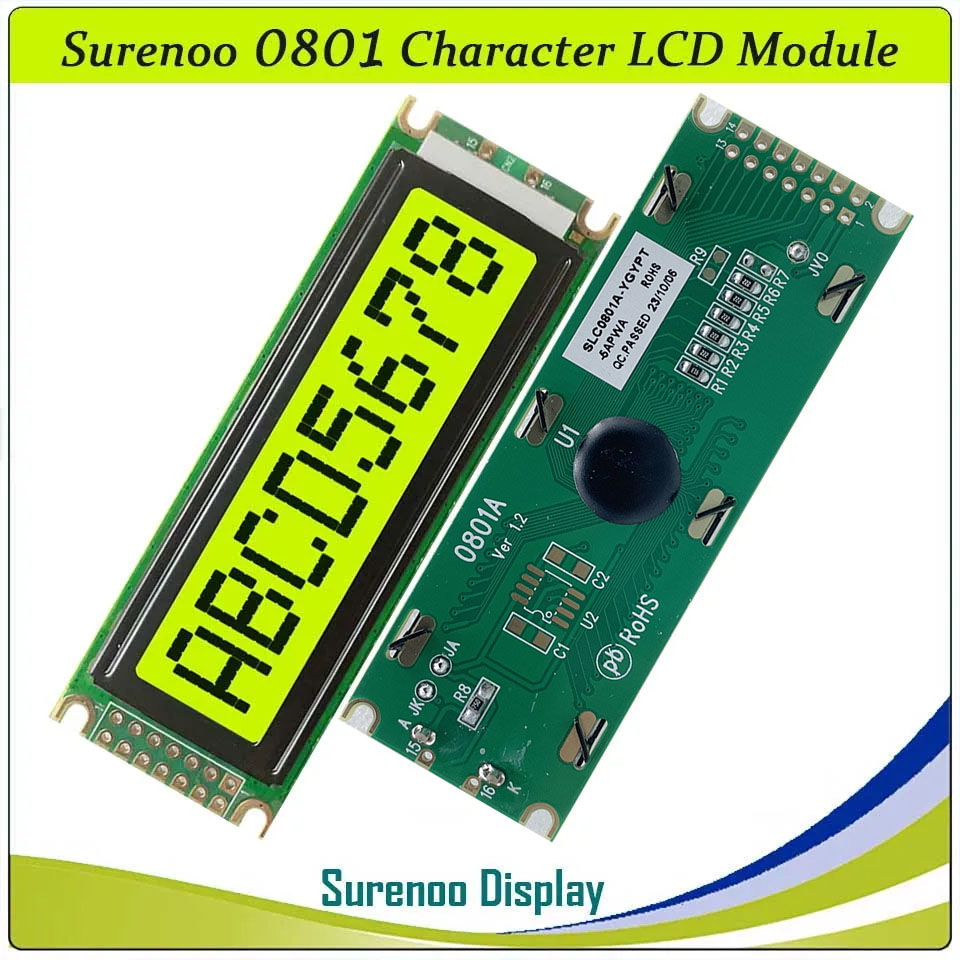 SLC0801A PCB=85.00X29.50MM 0801 8*1 Surenoo Character LCD Module Display Screen Panel 6800 4-bit 8-bit Parallel Serial IIC I2C AIP31066 SPLC780D ST7066 PCF8574 Controller STN Yellow Green LED Backlight