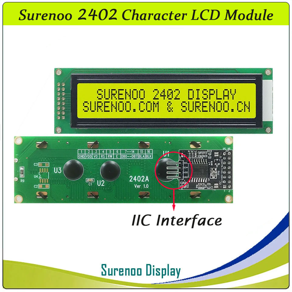 SLC2402A PCB=118.00X36.00MM 2402 24*2 Surenoo Character LCD Module Display Screen Panel 6800 4-bit 8-bit Parallel Serial IIC I2C AIP31066 SPLC780D ST7066 PCF8574 Controller STN Yellow Green STN Blue Negative LED Backlight USB2LCD LCD Smartie AIDA64