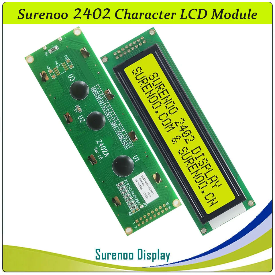 SLC2402A PCB=118.00X36.00MM 2402 24*2 Surenoo Character LCD Module Display Screen Panel 6800 4-bit 8-bit Parallel Serial IIC I2C AIP31066 SPLC780D ST7066 PCF8574 Controller STN Yellow Green STN Blue Negative LED Backlight USB2LCD LCD Smartie AIDA64