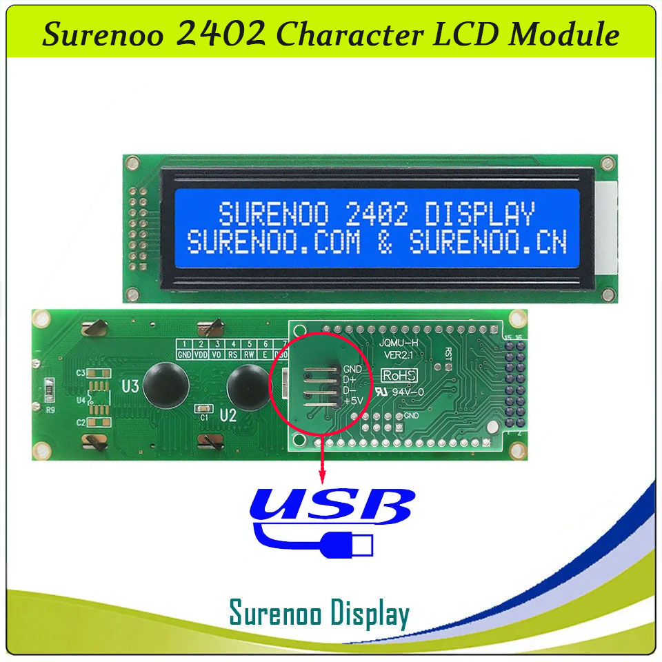 SLC2402A PCB=118.00X36.00MM 2402 24*2 Surenoo Character LCD Module Display Screen Panel 6800 4-bit 8-bit Parallel Serial IIC I2C AIP31066 SPLC780D ST7066 PCF8574 Controller STN Yellow Green STN Blue Negative LED Backlight USB2LCD LCD Smartie AIDA64
